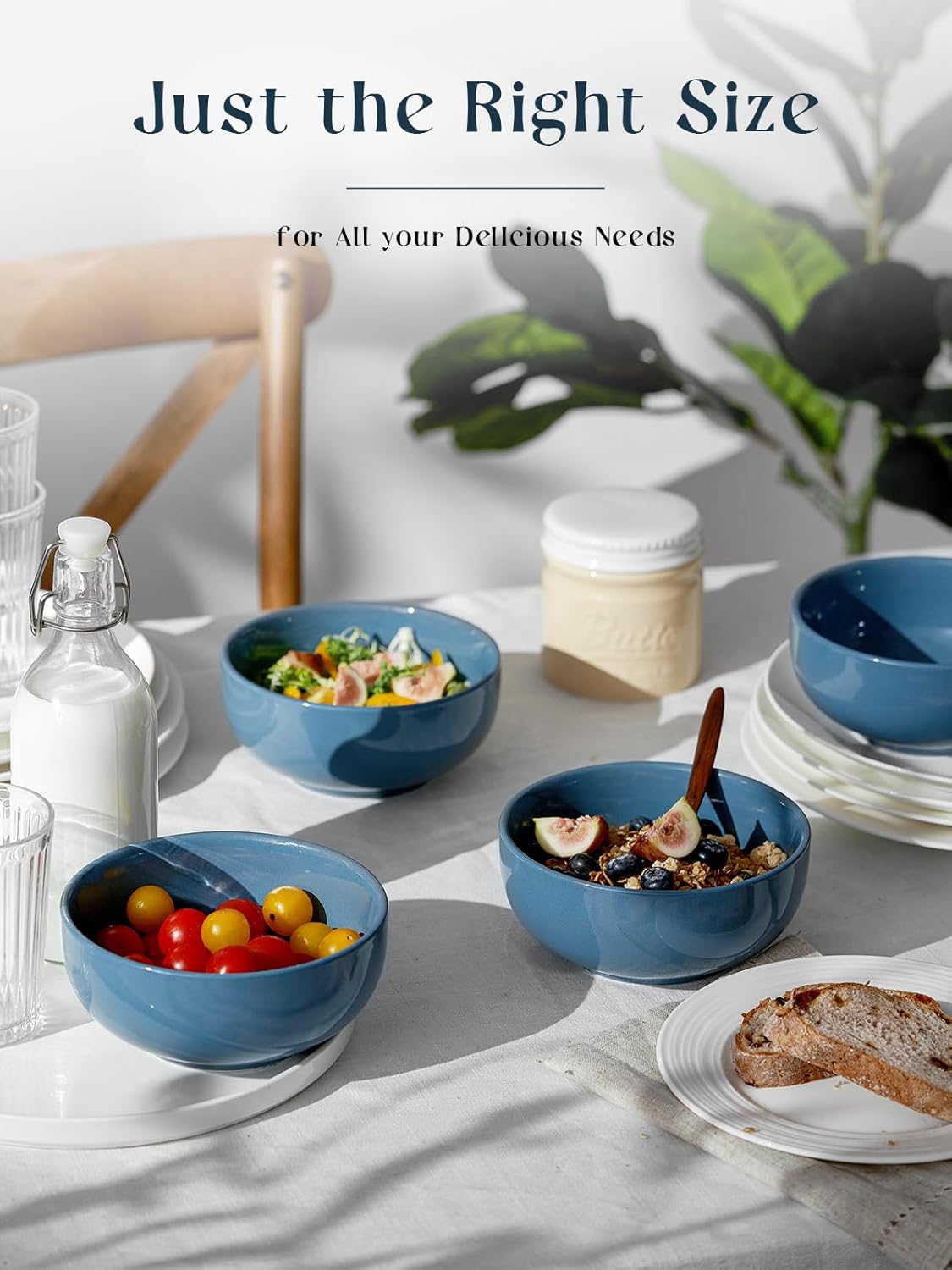 DOWAN 22 OZ Ceramic Soup Bowls & Cereal Bowls - 6" Classic Bowls Set of 4 for Soup, Cereal, Oatmeal, Fruit, Rice - Dishwasher & Microwave Safe (Airy Blue)