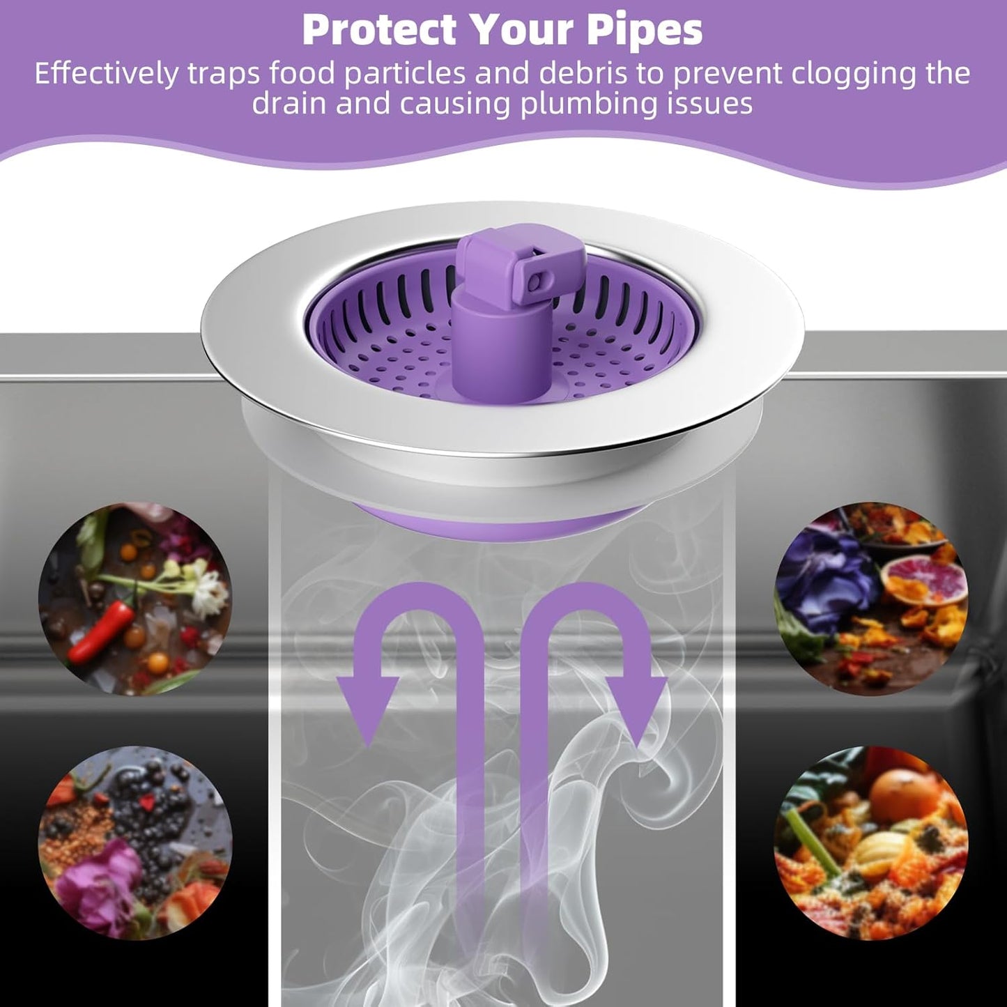 Hibbent 2 Pack Universal 3 in 1 Kitchen Sink Drain Strainer with Sink Stopper, Chrome Stainless Steel Wraped Shell, Anti-Clogging Basket Strainer with Handle, Fit for US Standard 3-1/2" Drain, Purple