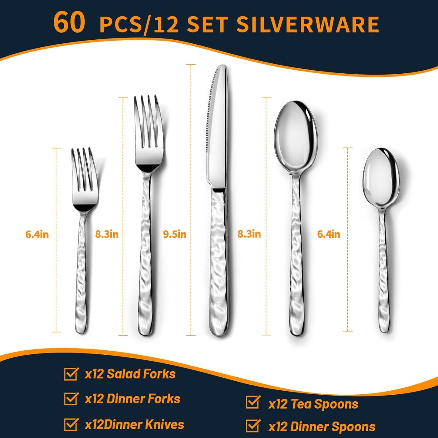 60 Piece Silverware Set for 12, Food-Grade Stainless Steel Utensils Set Includes Spoons Forks Knives, Sturdy Home Kitchen Eating Tableware Set,Wave Style Design & Mirror Polished - Dishwasher Safe