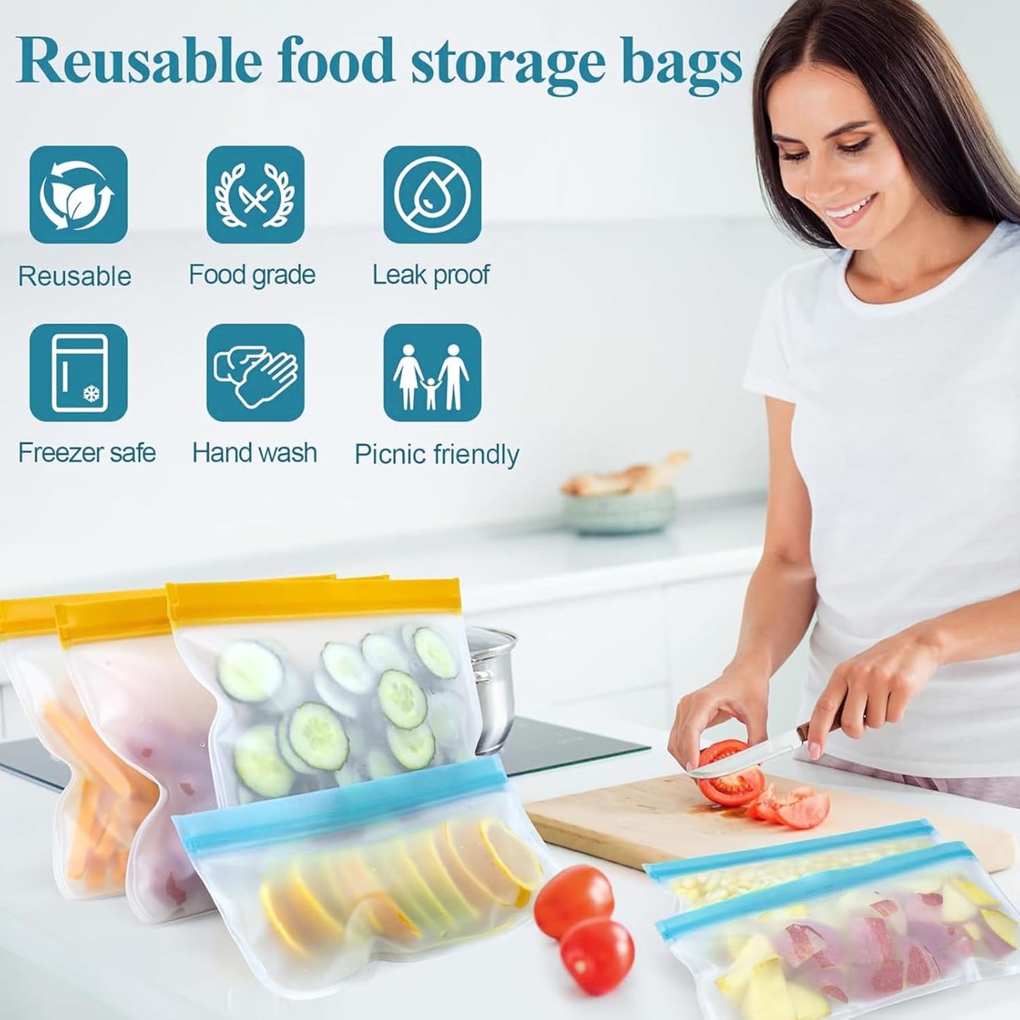 10 Pack Snack Bags Dishwasher Safe, Reusable Bags Silicone Extra Thick Leak-proof Reusable Freezer Bags for Candy, Snack, Cereal, Travel Items, Home Organization