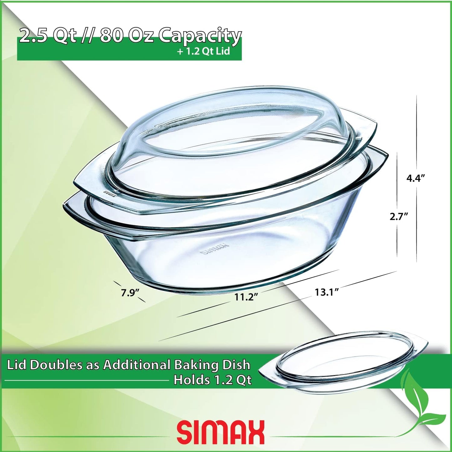 Simax Clear Glass Casserole Dish: Clear Glass Oval Casserole Dish with Lid and Handles Covered Bowl for Cooking, Baking, Serving, etc. Microwave, Dishwasher, and Oven Safe Cookware – 2.5 Quart