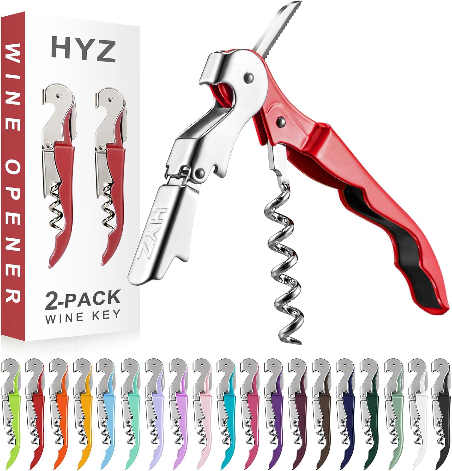 HYZ 2-Pack Wine Opener Waiter Corkscrew, Professional Wine Key for Servers, Bartender with Foil Cutter, Manual Wine Bottle Opener Double Hinged (Red)