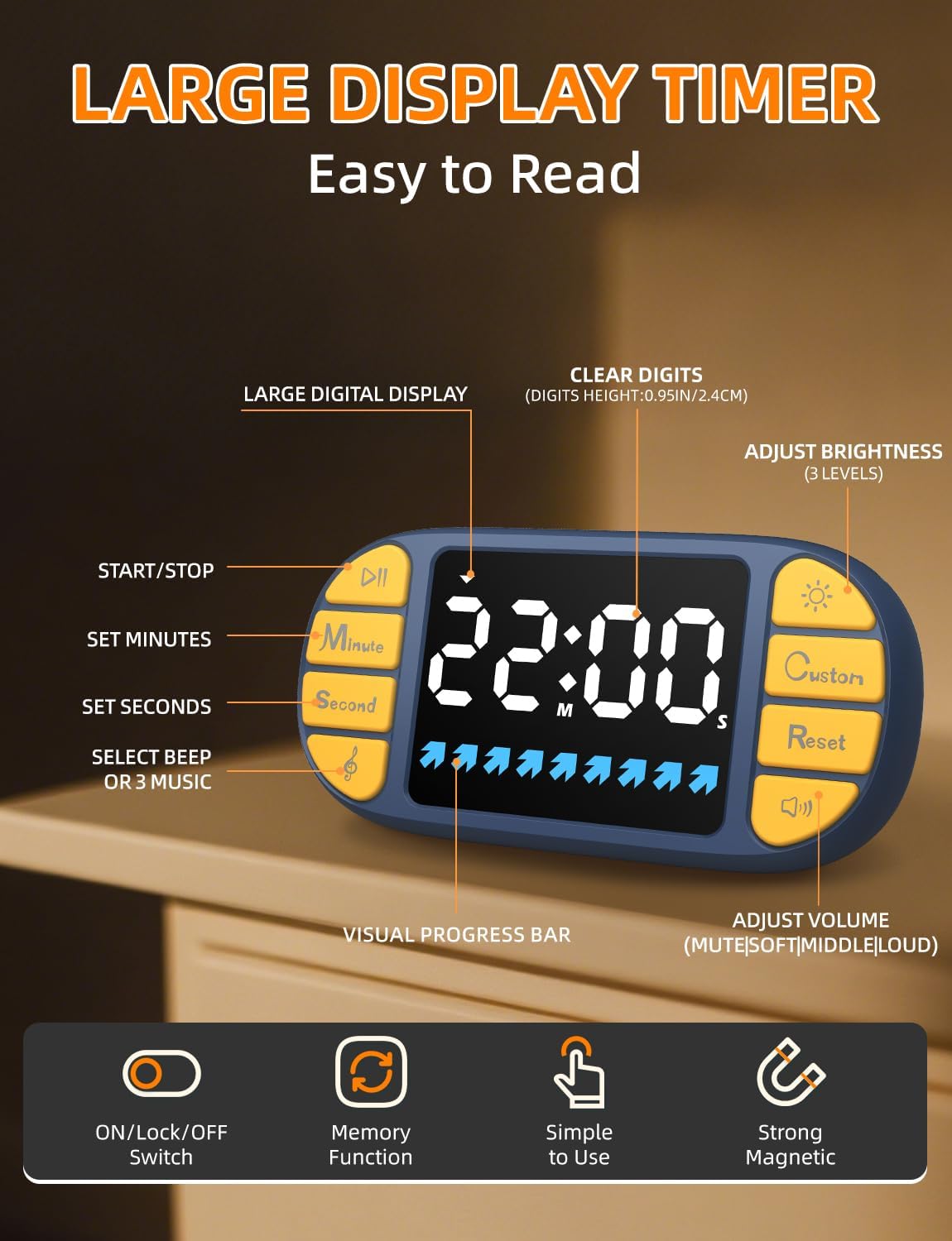 DOOMAY Digital Kitchen Visual Timer: 3.6'' Large LED Display, Magnetic, 3 Brightness, 4 Alarms and Volume, Memory Function, Countdown Count up for Cooking, Classroom, Home Gym, AAA Battery Included