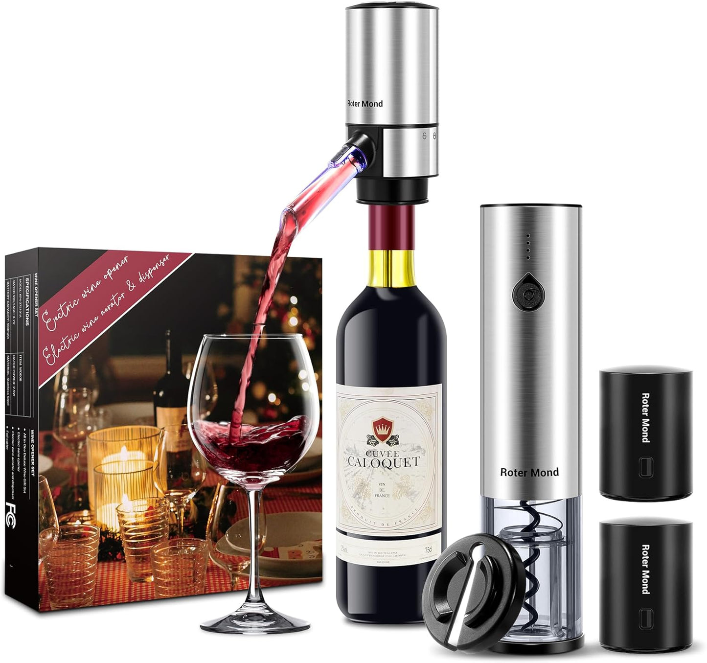 Electric Wine Opener Set, Roter Mond Automatic Wine Bottle Opener set with Electric Wine Decanter Aerator Wine Foil Cutter 2 Vacuum Stoppers, 5-in-1 Wine for Home Party Thanksgiving Christmas New Year
