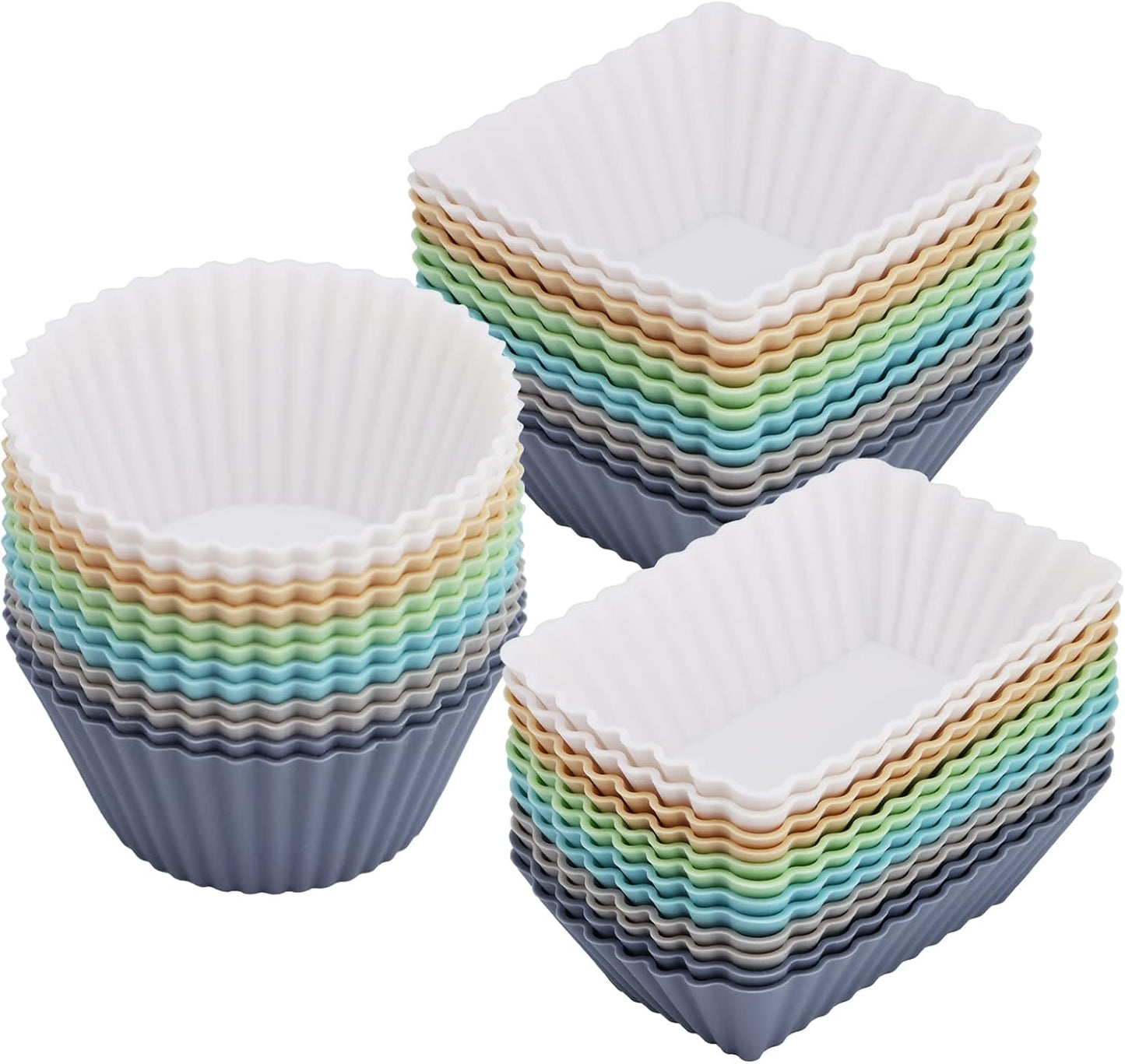 36-Pack Silicone Cupcake Liners, Reusable Muffin Cups – Round, Square & Rectangle Baking Cups, Non-Stick, Easy to Clean, Bento Box Accessories, Lunch Box Dividers for Kids(36 Liners + 20 Animal Picks)