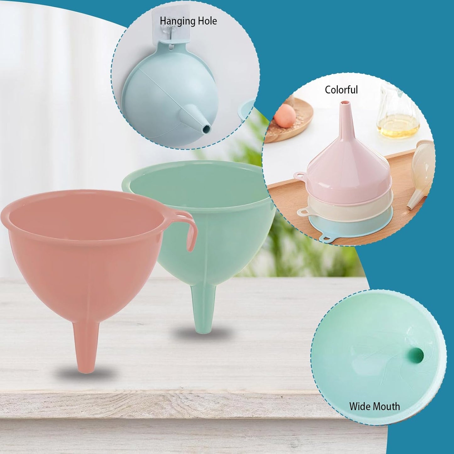 3-Piece Plastic Funnel Set - 5-Inch Diameter Kitchen Funnels for Bottles, Jars, and Lab Use (Blue)