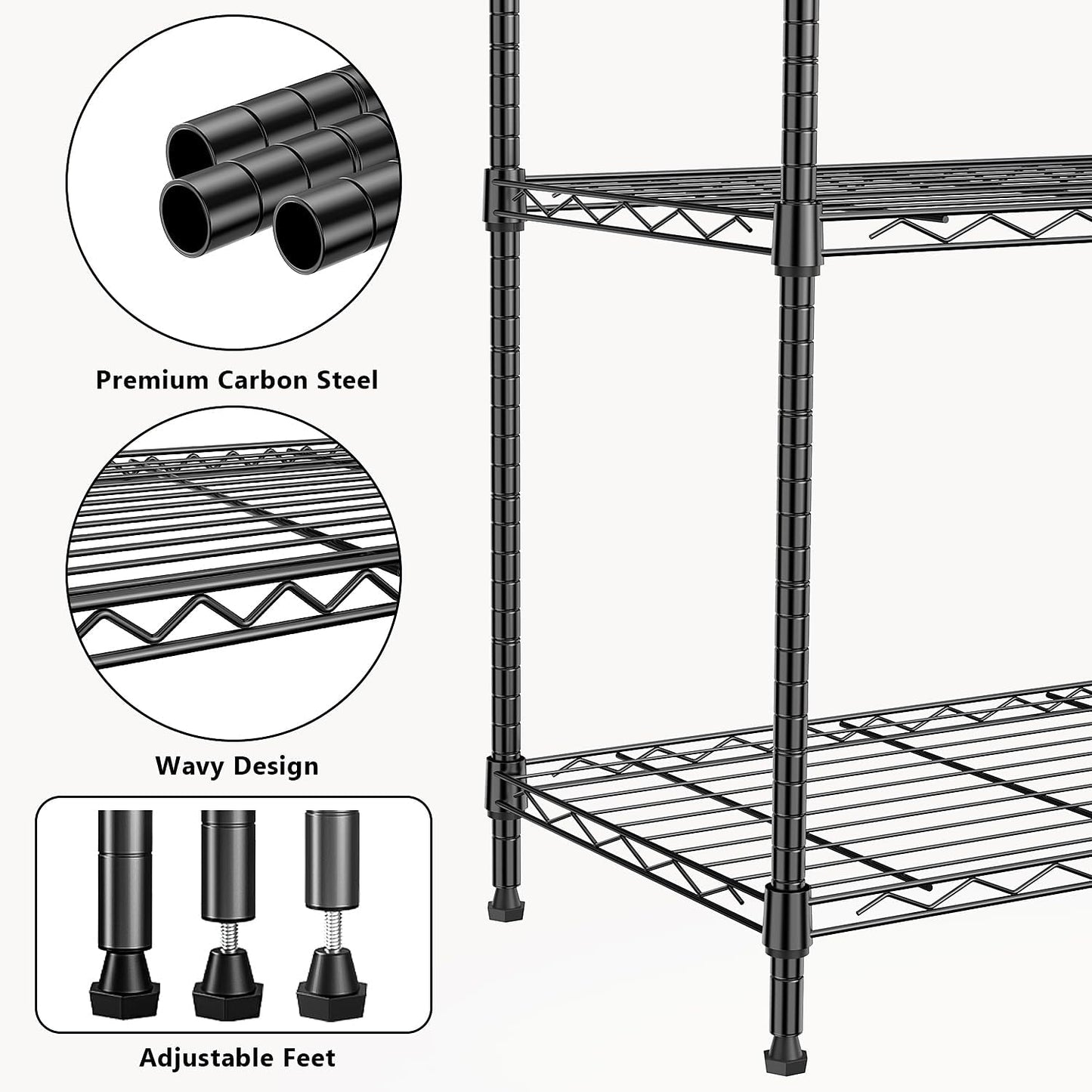 1000 lbs 4Tier Shelf Metal Storage Shelves Wire Rack Closet Organizers with Wheel for Garage Kitchen Bathroom Laundry Black 13.7" D x 29.5" W x 47.2" H