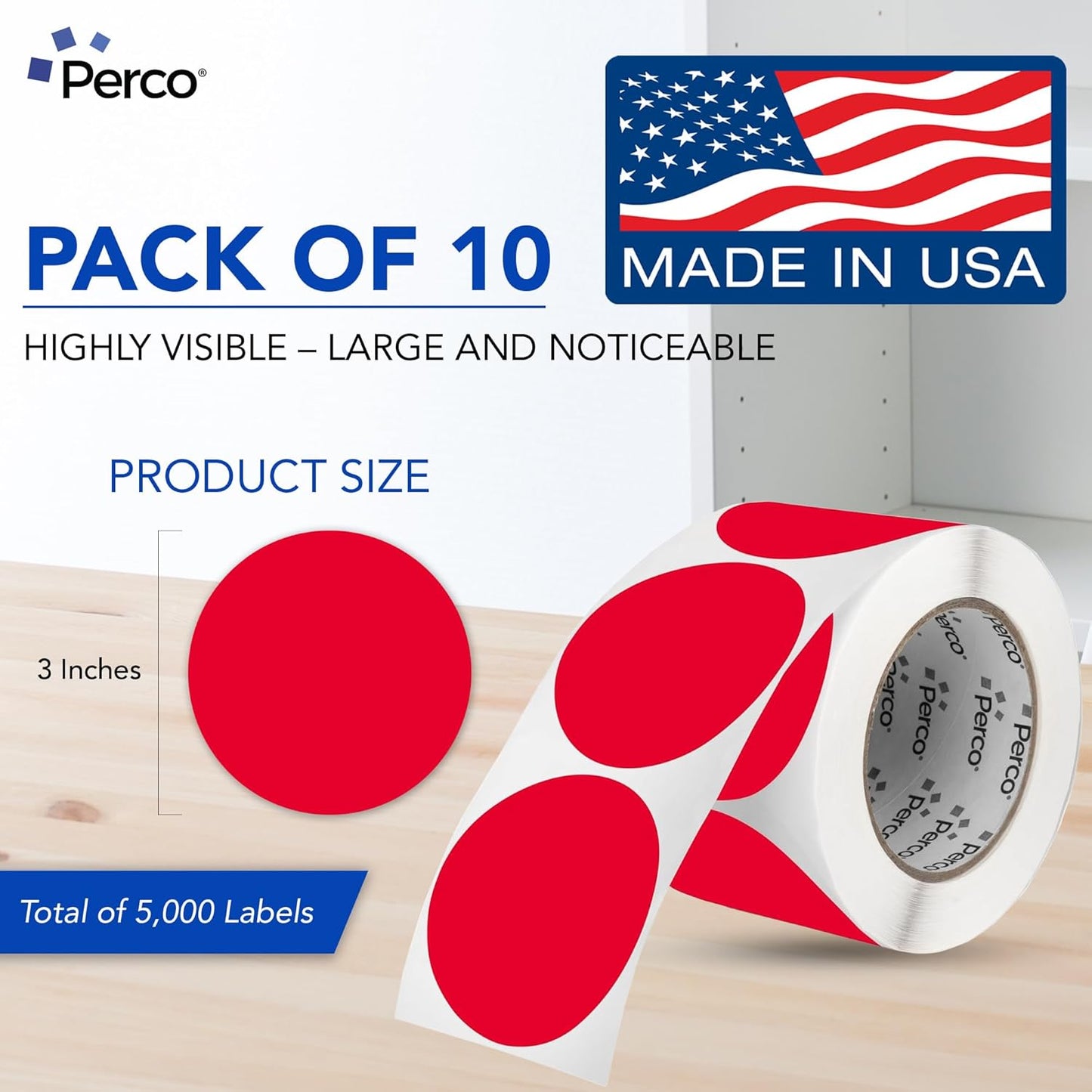 Perco Red 3-Inch Perforated Circle Dot Sticker Labels — 10 Rolls, 5,000 Round Stickers — with Permanent Adhesive for Moving Boxes, Sale Signage, Displays, Status Messaging—Made in USA
