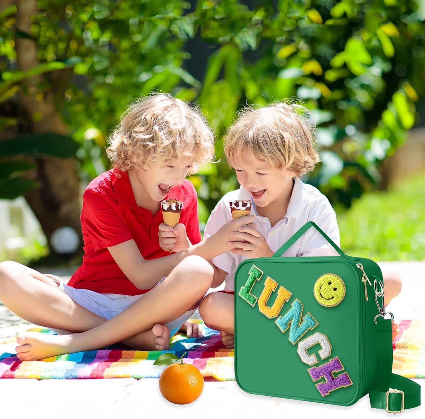 Insulated Lunch Bag With Adjustable Shoulder Strap, Nylon Preppy Lunch Box Large Insulated Lunch Bag Reusable Lunch Tote Bag with Smiley Preppy LunchBag for Girls School Travel Picnic (Dark green)