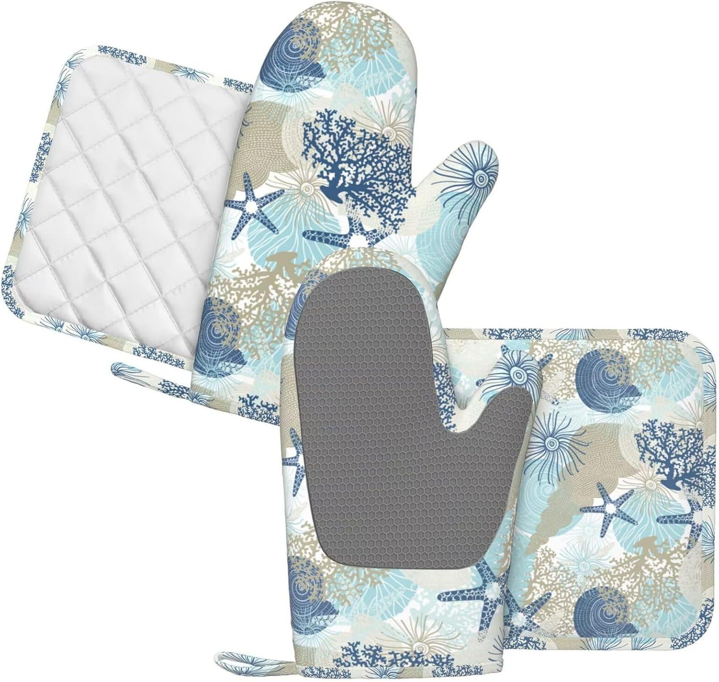 Nautical Coastal Oven Mitts and Pot Holders Set of 4 Silicone Starfish Seashell Coral Algae Beach Themed Blue Kitchen Mitten Gloves Potholders Set Oven Gloves Hot Holders for BBQ