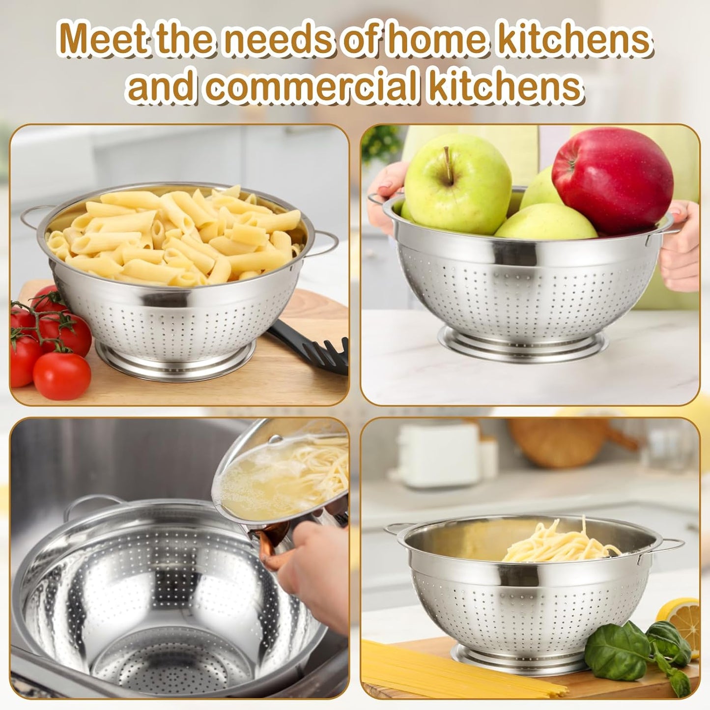 Maxdot 2 Pack 12 Quart Heavy Duty Stainless Steel Colander with Footed Base and Handles Pasta Spaghetti Berry Fruit Vegetable Kitchen Food Strainer Basket(37.9 cm/14.9 inch)