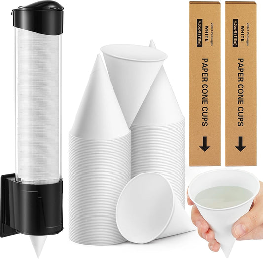 Roshtia 400 Pcs 4 oz Paper Cone Cups Thicken Disposable with 1 Cups Dispenser Pull Type Wall Mount Cup Holder Paper for Restaurants, Home, and Office, and Shaved Ice, Cold (Black)