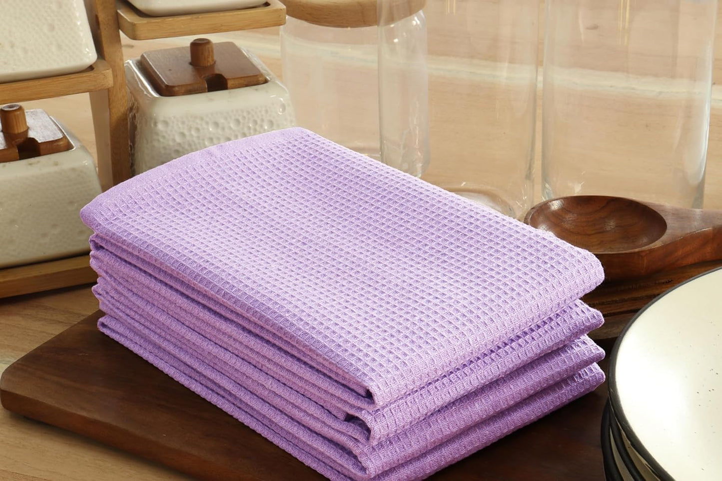 PurpleEssences Waffle Weave Kitchen Towel, 100% Cotton - 15 x 25 Inches, with Hanging Loop Ultra Soft Absorbent Quick Drying Dish Cloth, Tea and Hand Towels, 4 Pack - Spring Summer - Lavender