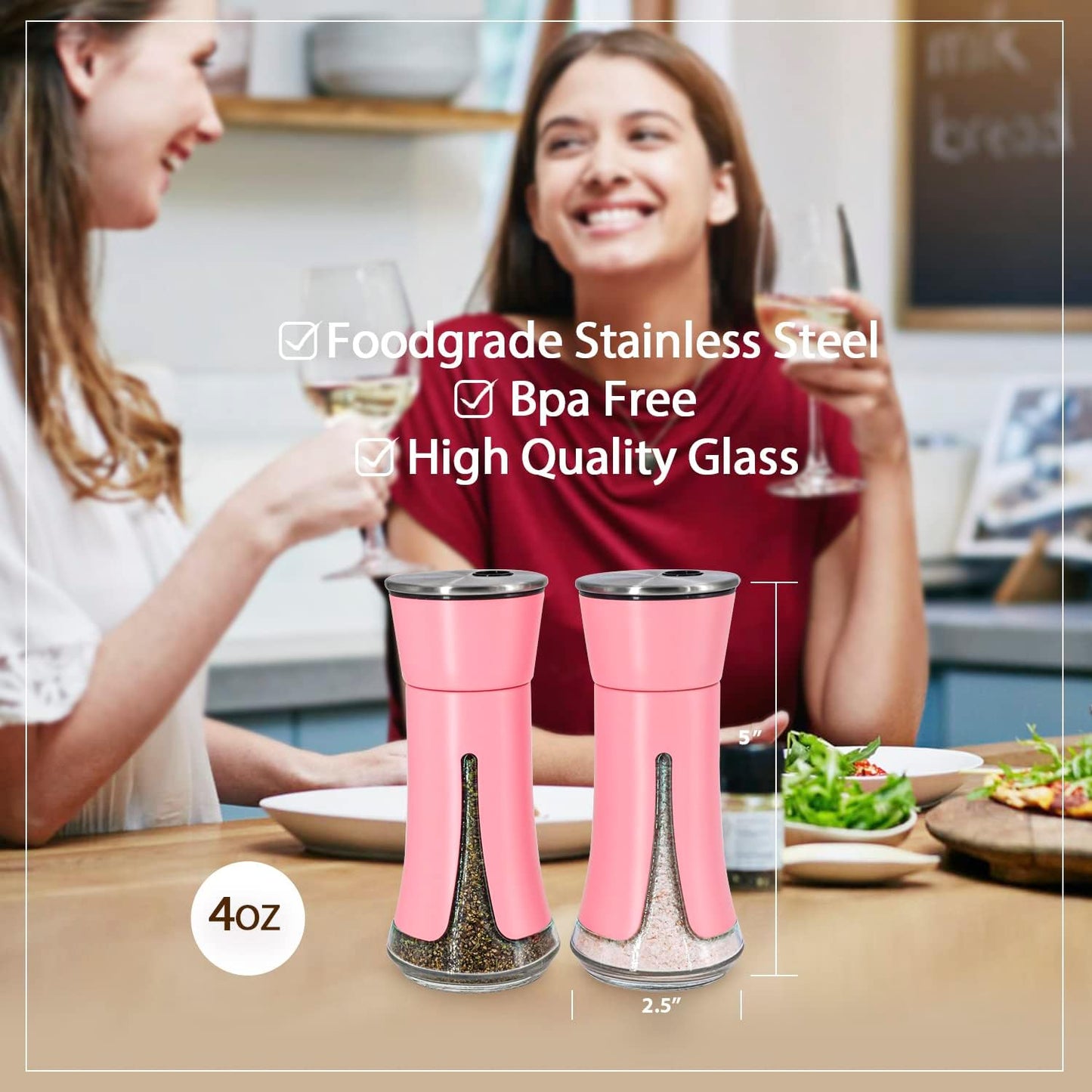 Pink Salt and Pepper Shakers by Aelga, Salt Shaker with Adjustable Pour Holes, Pink Kitchen Accessories, Decor for Kitchen,Restaurants,Camp,BBQ