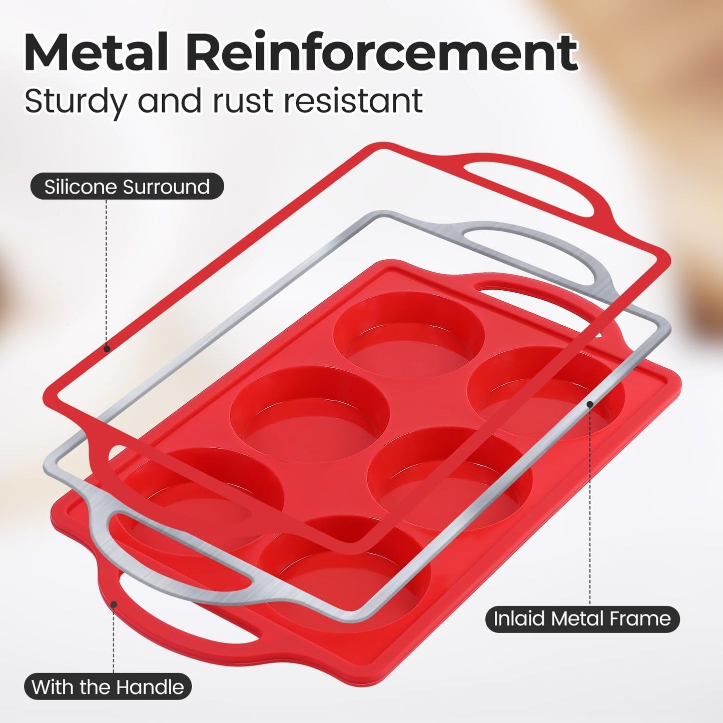 CAKETIME Muffin Top Pan Non Stick, 3 Inch Metal Frame Round Egg Baking Pan for Oven English Muffins, Whoopie Pies, Corn Bread, Egg Bites, Breakfast Sandwiches Tarts 3 Pack Red