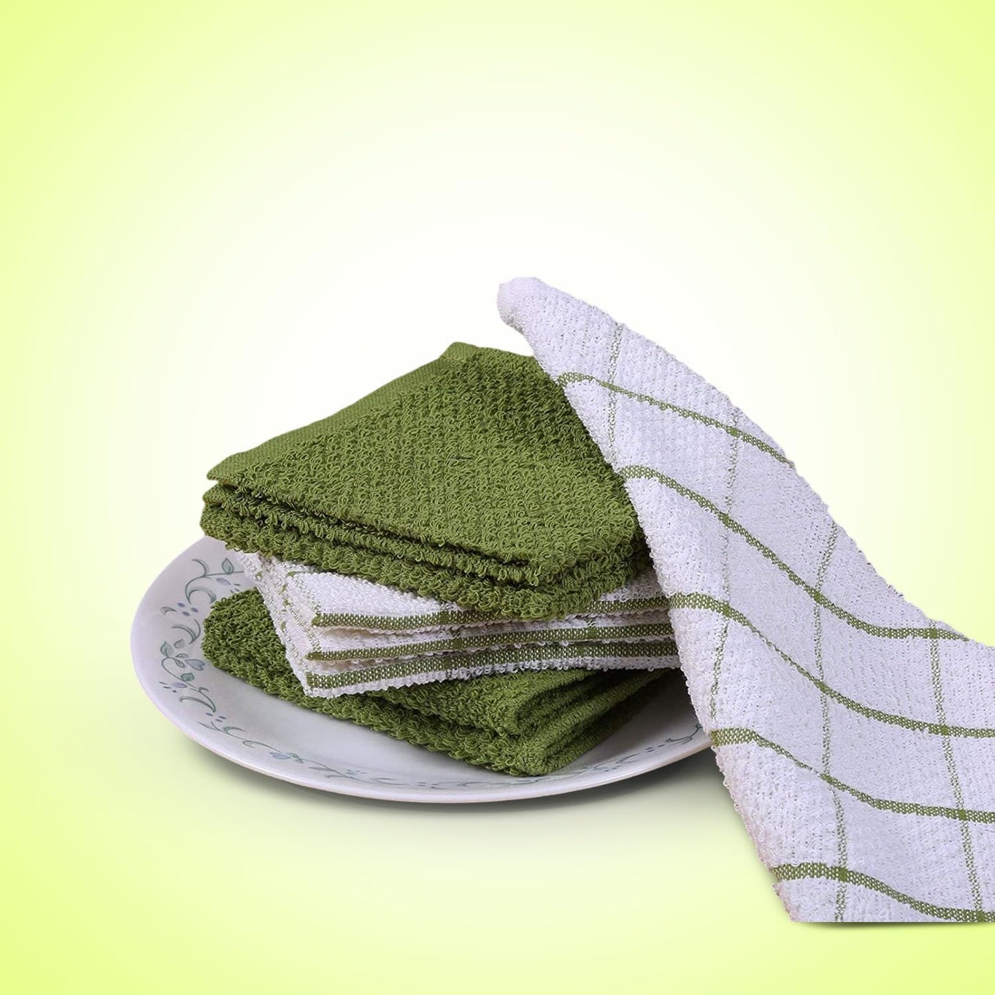 AMOUR INFINI Cotton Kitchen Dish Cloths Set of 8 – Highly Absorbent, Super Soft Premium Terry Cleaning Cloth (12"x12" Inch) Premium Dishcloths for Washing Dishes (Green)