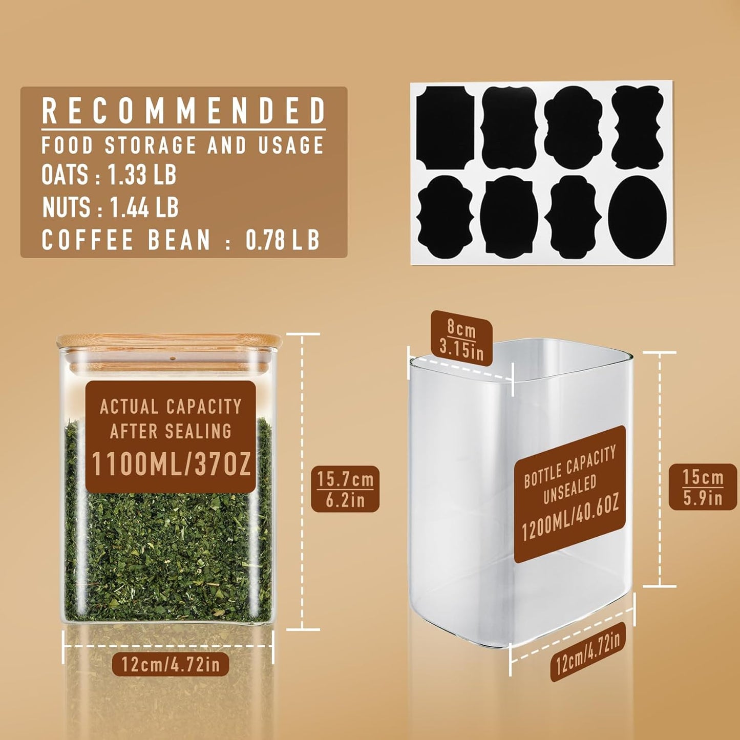 37oz Rectangle Airtight Glass Storage Containers with Bamboo Lids (Set of 6), Square Food Storage Jar, Pantry Organizers for Cereal, Nuts, Snacks and Coffee beans (‎with Black Lable)