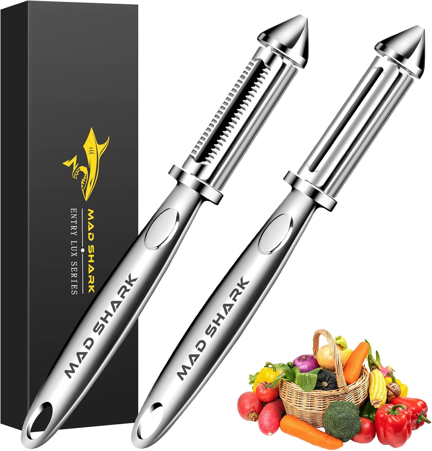 MAD SHARK Ultra Sharp Peeler,Flat/Serrated Blade 2 in 1–10 Years No-Rust,I-Shaped Stainless Steel Peelers,Vegetable Peeler with Ergonomic Non-Slip Handle,Potato Peelers for Kitchen 2pc