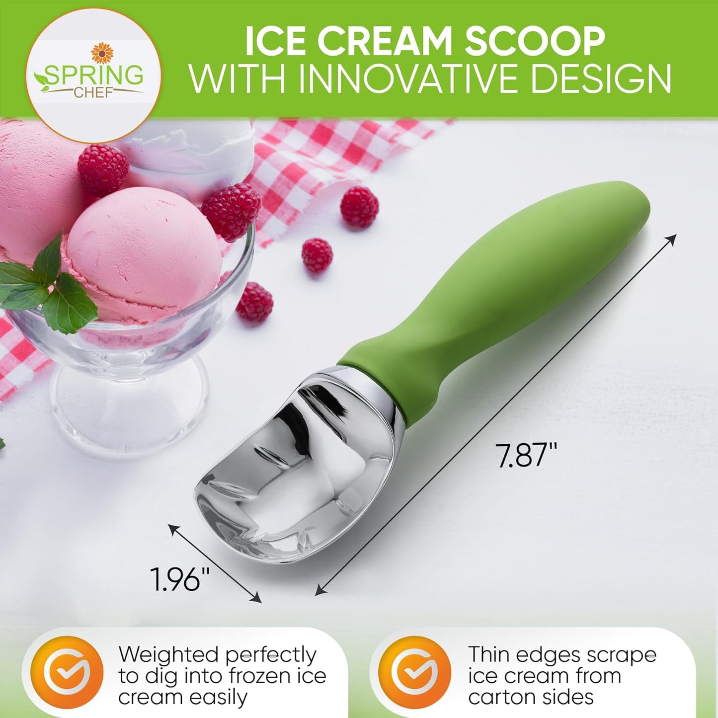 Spring Chef Green Heavy Duty Ice Cream Scoop with Non-Slip Handle - Professional Metal Ice Cream Scooper for Cookie Dough, Frozen Yogurt, Gelato, Sorbet, Melon - Dishwasher Safe Kitchen Tool