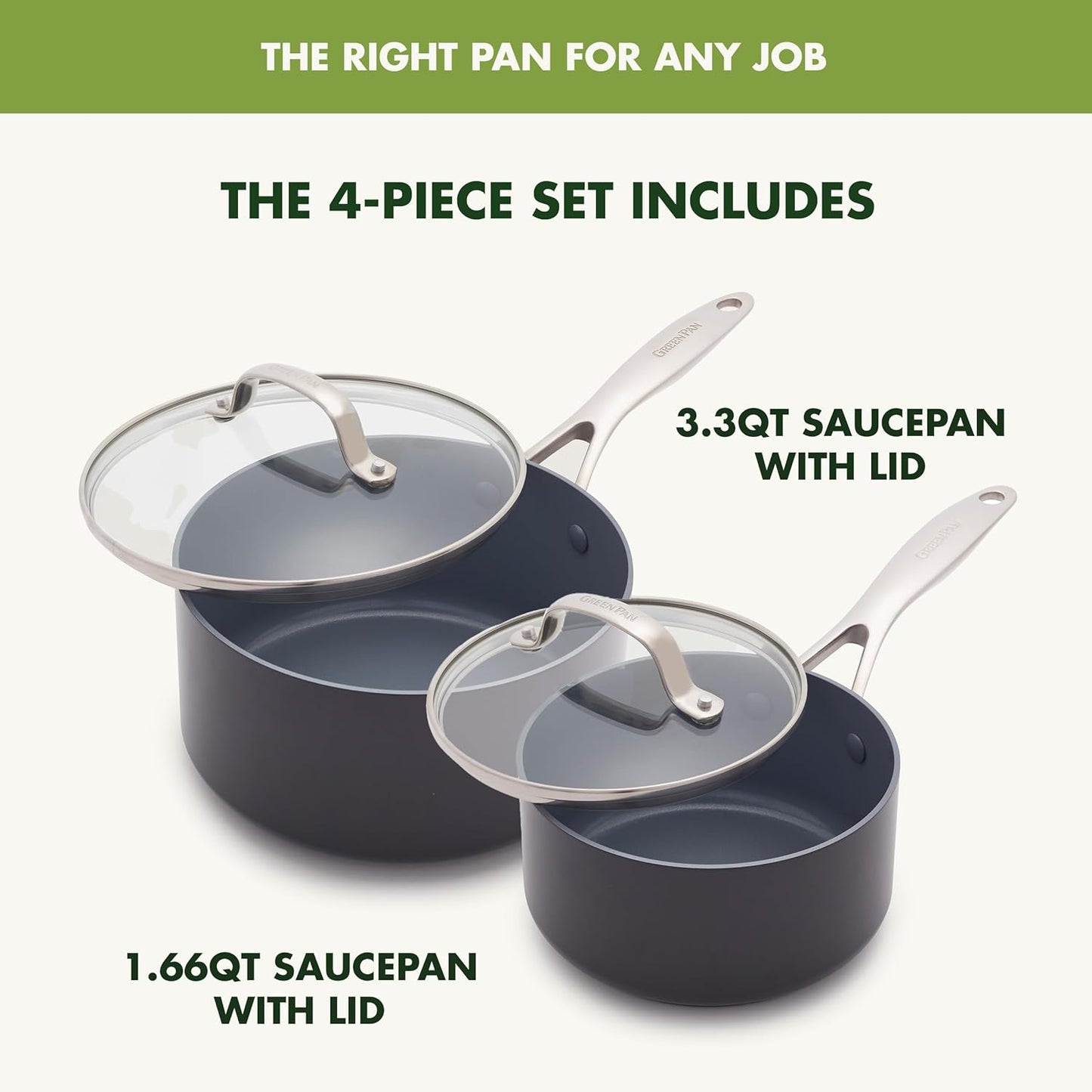 GreenPan Valencia Pro Hard Anodized Healthy Ceramic Nonstick 1.66QT and 3.3QT Saucepan Pot Set with Lids, PFAS-Free, Induction, Dishwasher and Oven Safe, Gray