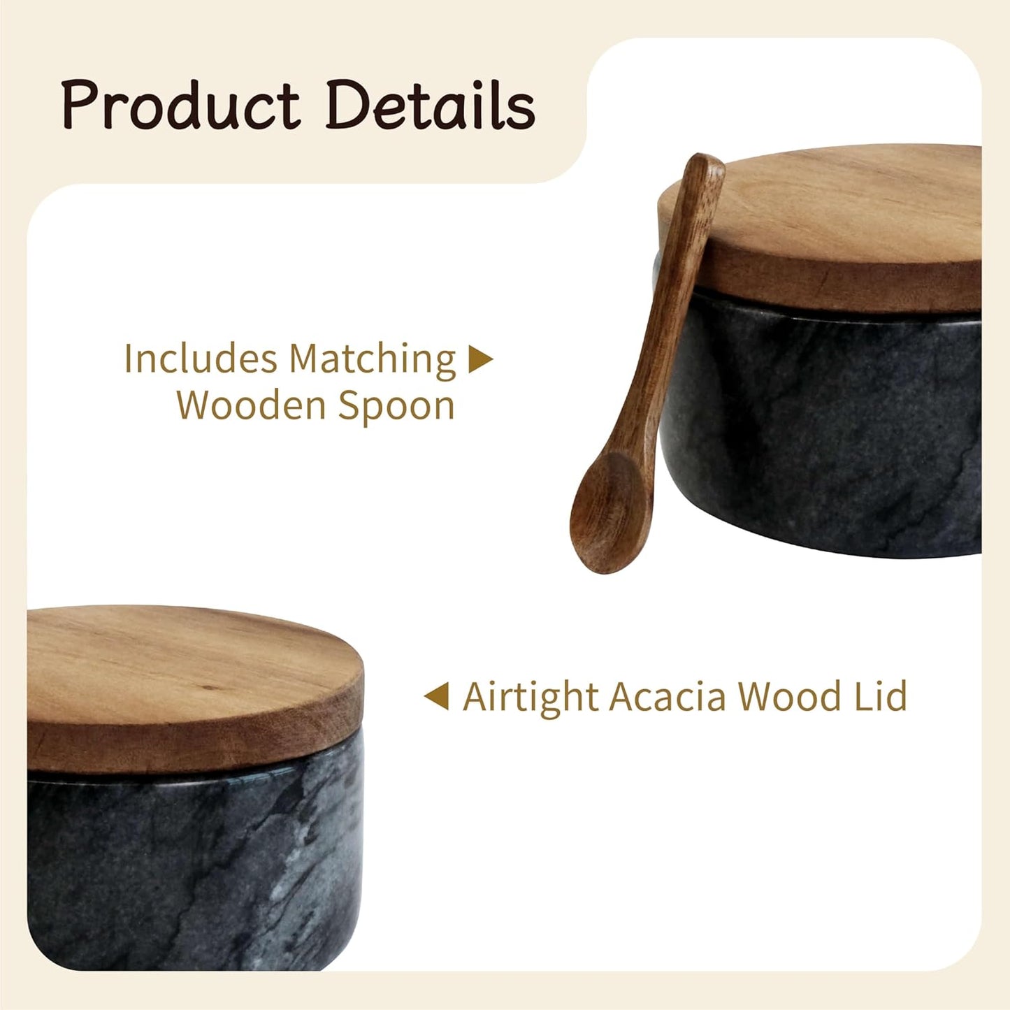 Marble Salt Cellar with Acacia Wood Lid and Spoon – 4-inch Salt Box with Spoon Slot, Kitchen Spice Container for Salt, Sugar, or Spices (Grey)