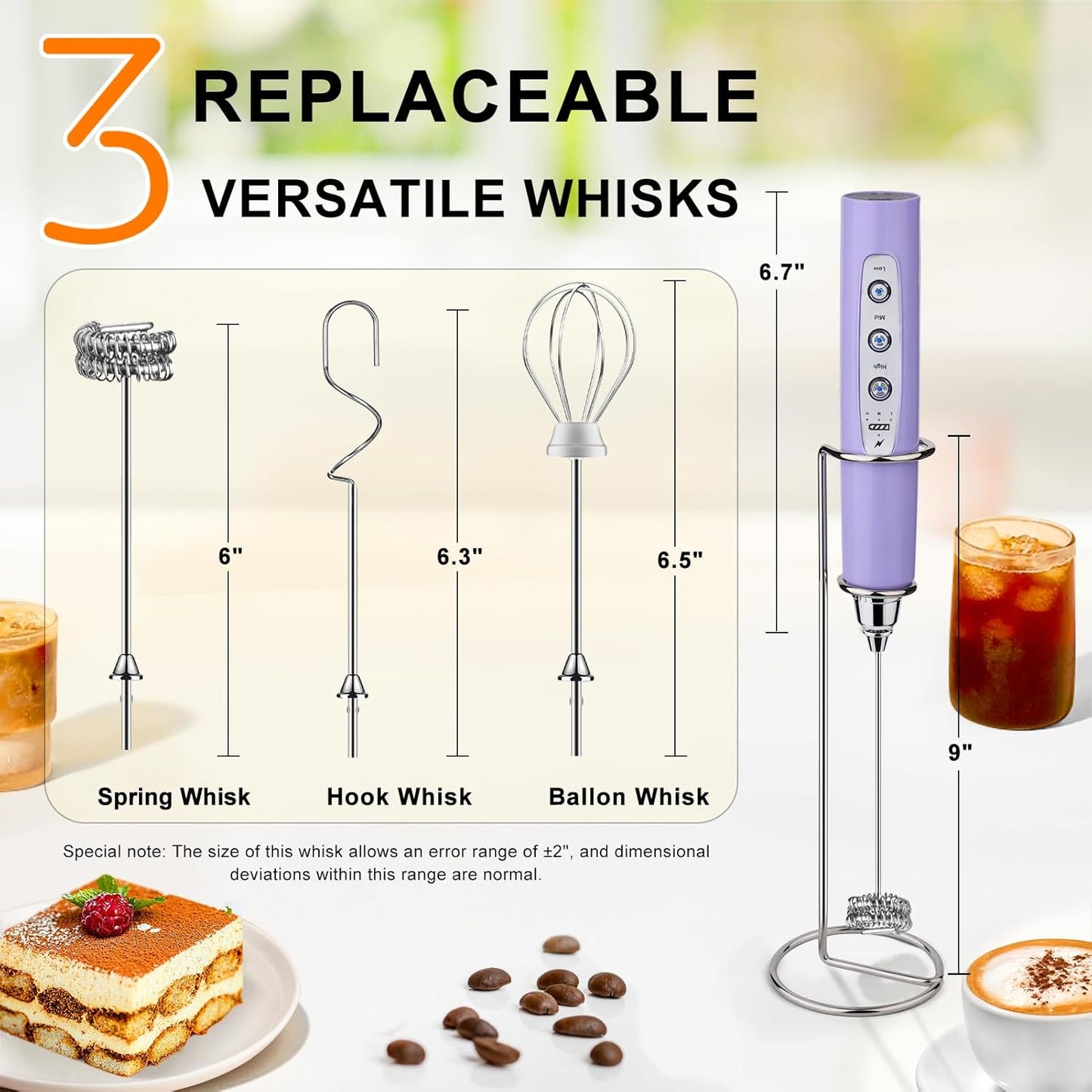 YUSWKO Light Purple Rechargeable Milk Frother for Coffee with Stand, Handheld Drink Mixer with 3 Heads 3 Speeds Electric Stirrers for Latte, Cappuccino, Hot Chocolate, Egg