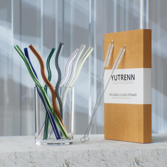 Reusable Glass Straws Sets of 8 Wavy Colorful Drinking Straw with 2 Cleaning Brushes, 8 inches 0.3" Thick Clear Straws High Borosilicate Glass Straw for Tumblers 10 Pack Gift Wrap