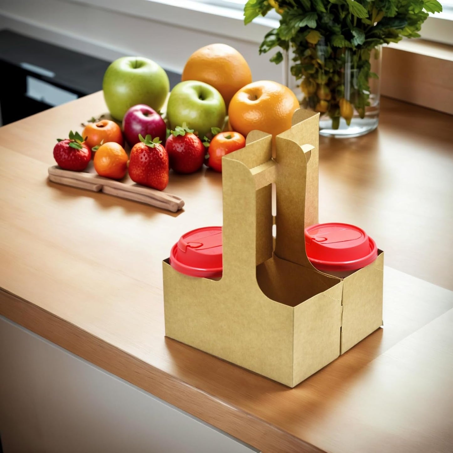 2 Cup Disposable Drink Carrier with Handle, 25 Pack Disposable Kraft Paperboard Drink Carrier for Hot Cold Drinks, Take Out Cup Carriers to Go Drinks Cup Holder Food Delivery