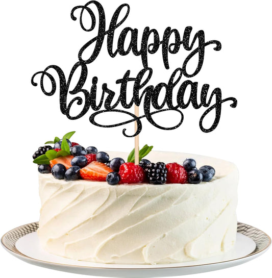 ZHUOWEISM 1 PCS Happy Birthday Cake Topper Glitter Happy Birthday Cake Pick Bunting Decor for Anniversary Celebrating Happy Birthday Party Cake Decorations Supplies Black