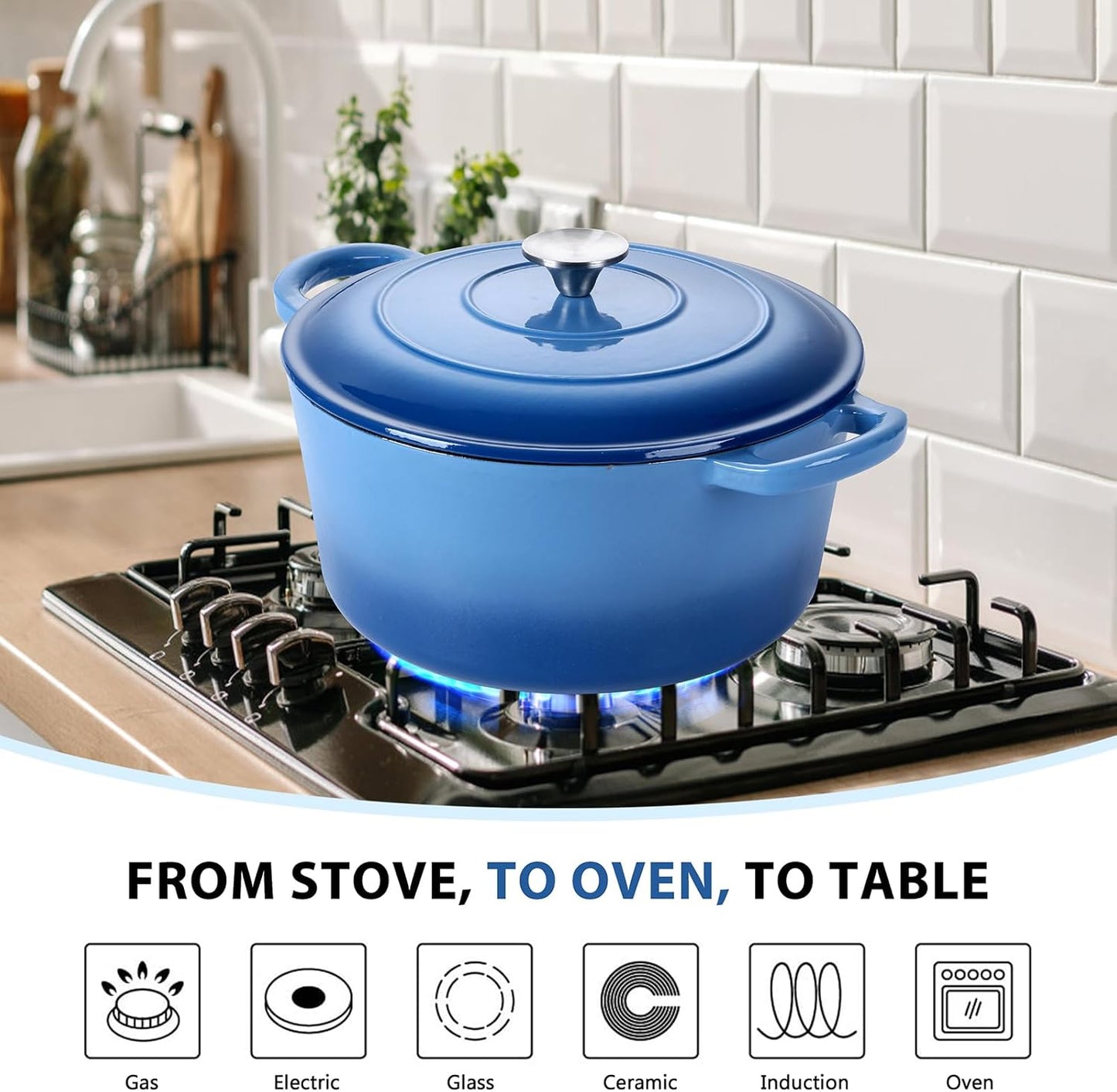 E-far 6 Quart Enameled Cast Iron Dutch Oven with Lid, Round Dutch Oven Pot Nonstick Cookware for Braising, Stews, Roasting, Bread Baking, Cooking, Heavy Duty, Induction & Oven Safe - Blue