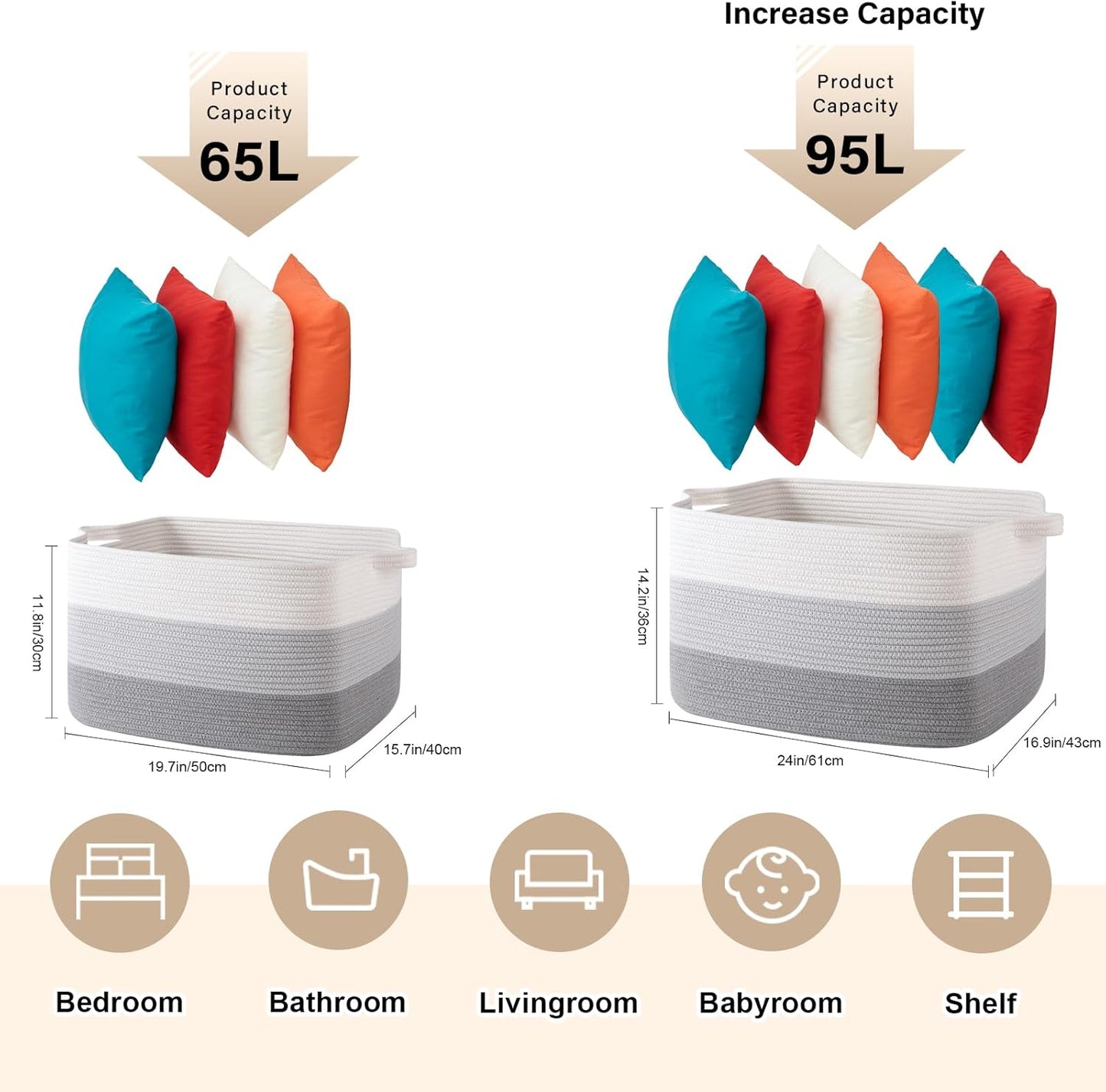 65L Large Storage Basket, Cotton Rope Woven Blanket Basket, Toy Storage for Baby Room, Living Room, Gradient Grey