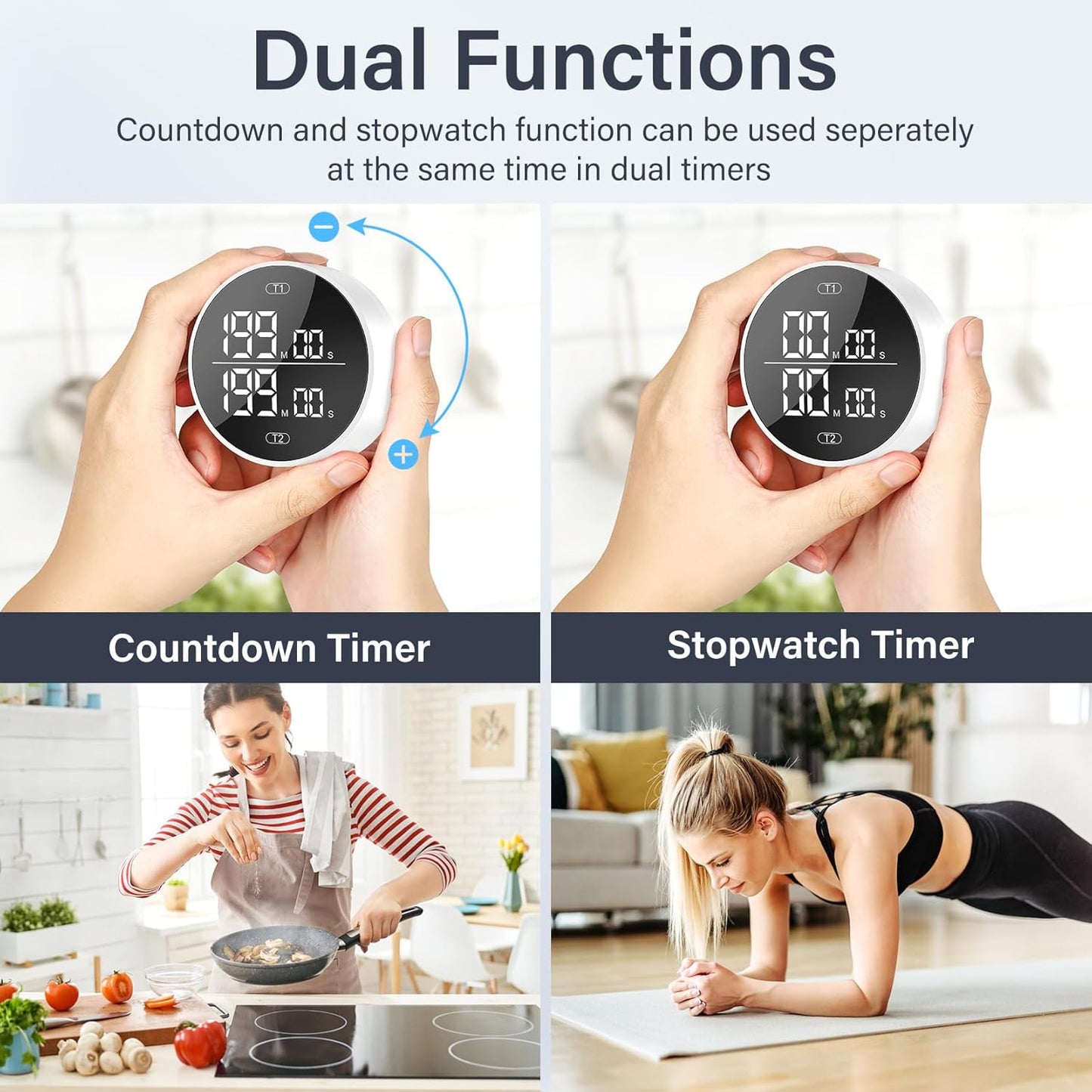 Dual Digital Kitchen Timer for Cooking, 199 Minutes Countdown & Stopwatch, Timer for Fridge, Big Digits, High-Definition Display, Easy Rotary Adjustment, 3 Volumes, 2 Brightness Levels, White