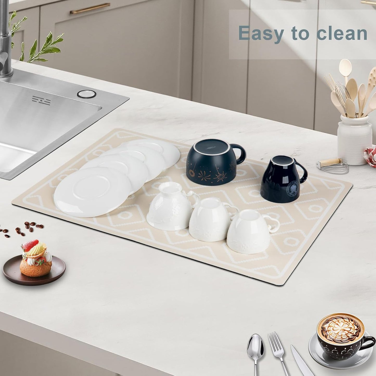 SUEH DESIGN Dish Drying Mat, Absorbent Coffee Mat 19.6 x 11.8 in Quick Dry Kitchen Drying Dish Drain Mat for Kitchen Counter Coffee Bar, Khaki