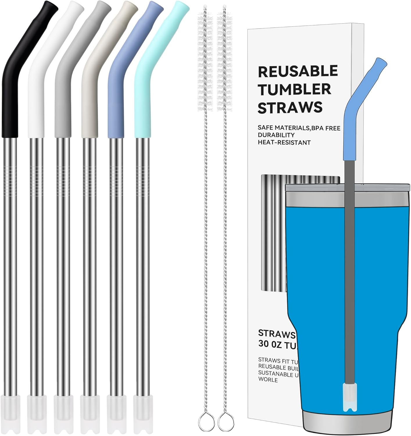 30 oz Straight Metal Straws with Silicone Tip for 30 oz Tumbler, 6 Pcs Stainless Steel Reusable Drinking Metal Straw for YETI, STANLEY, US Acrylio, BJPKPK, Simple Modern and so on