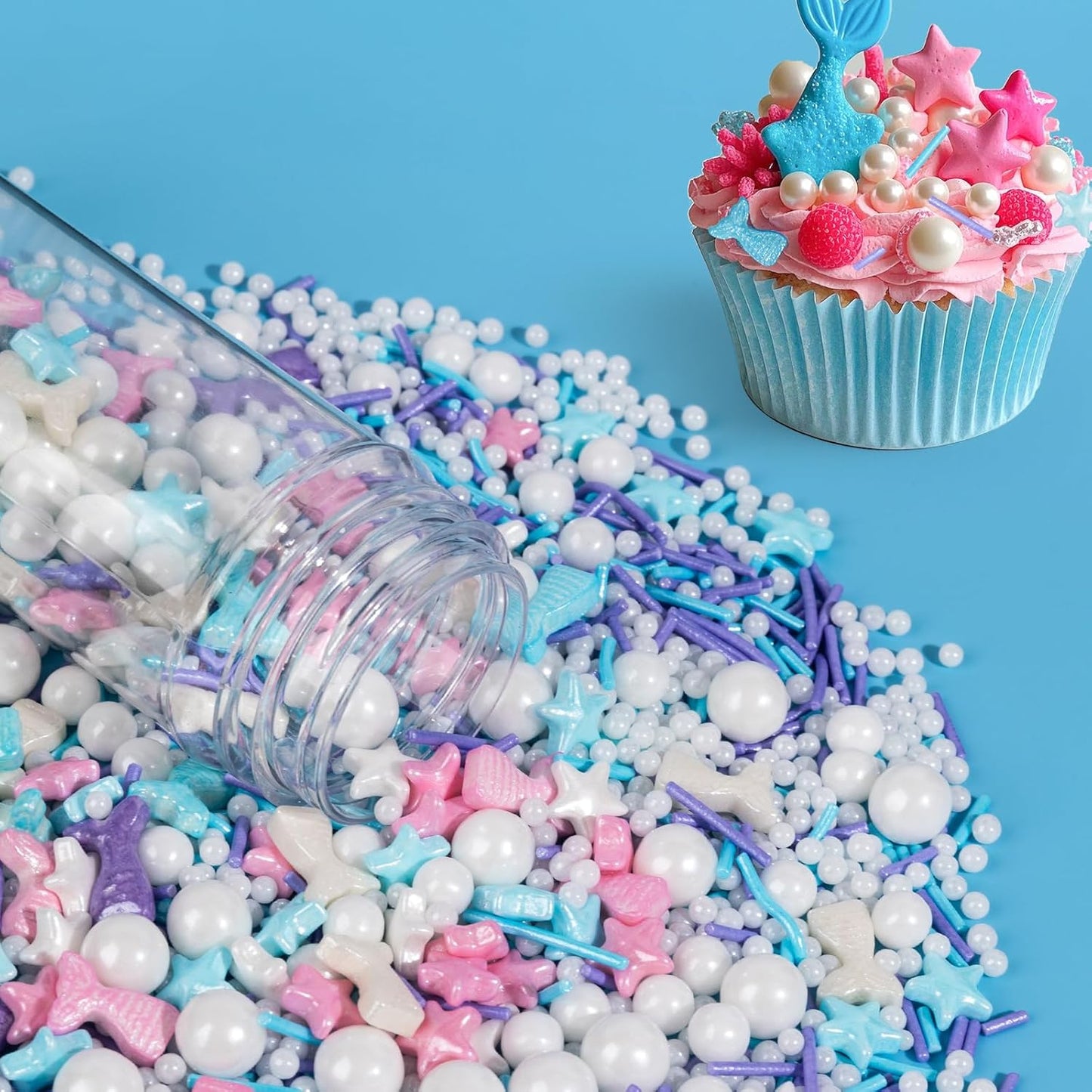 Mermaid Sprinkles,Edible Sugar Pearl Stars Jimmies Mix 130g/4.58oz,Pearl Candy Ocean Sprinkles,Summer Baking Cake Fun Decorations,Perfect for Baking,Ice Cream,Cookies,Dessert,Cupcake Topper,Birthday Children's Day Party Supplies ﻿