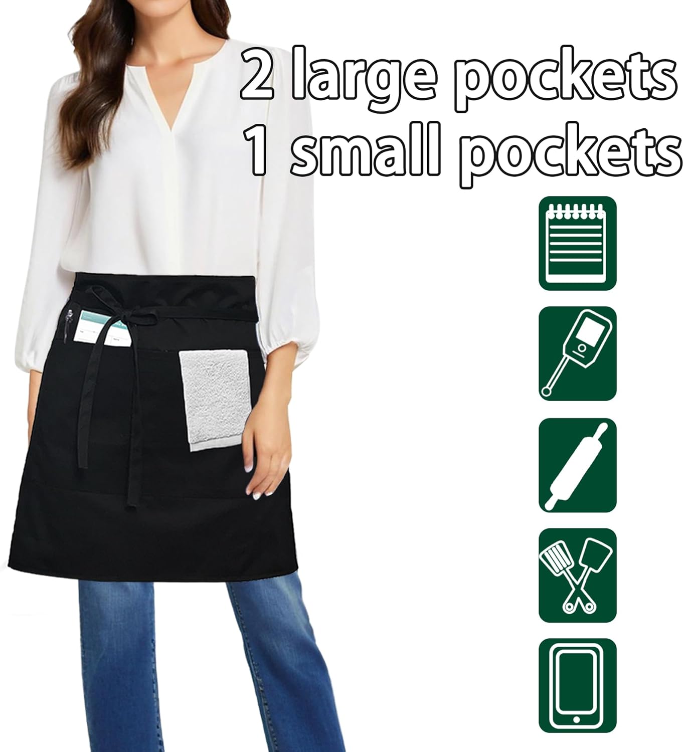 4 Pack Black Waist Apron, Short Chef Apron with 3 Pockets, Half Apron for Waiter Waitress, Catering Work Apron For Clean Bistro Garden Bar Coffee Shop Restaurant (Polyester)