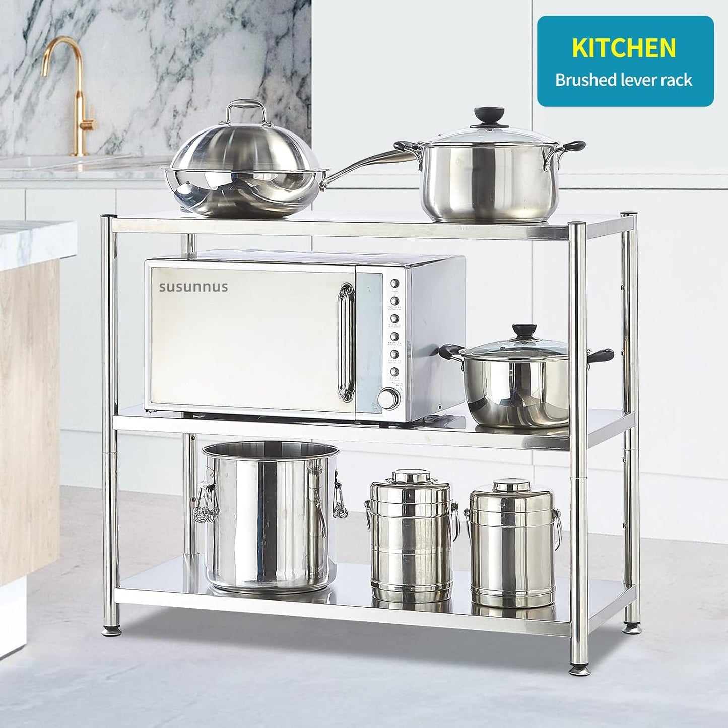 susunnus 3-Tier Stainless Steel Shelf, Heavy Duty Shelving for Kitchen, Garage, Industrial Storage, Kitchen Shelves Adjustable Feet, Easy to Clean(35.8in*15.8without Guardrails)