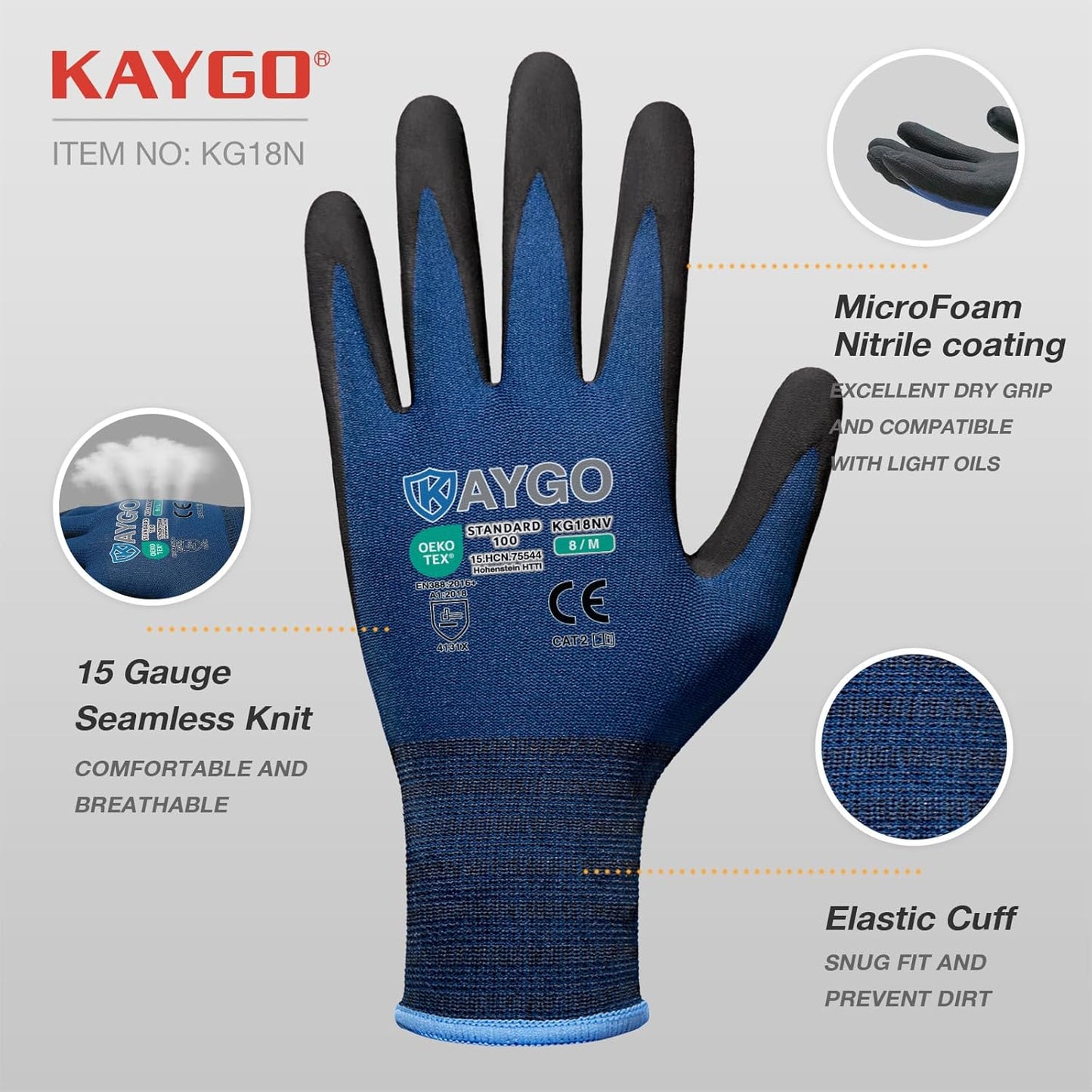 KAYGO Safety Work Gloves MicroFoam Nitrile Coated, 3 Pairs KG18NB,Seamless Knit Nylon Glove for Men and Women, Ideal for Automotive,Warehouse,Construction (S, Dark Blue)