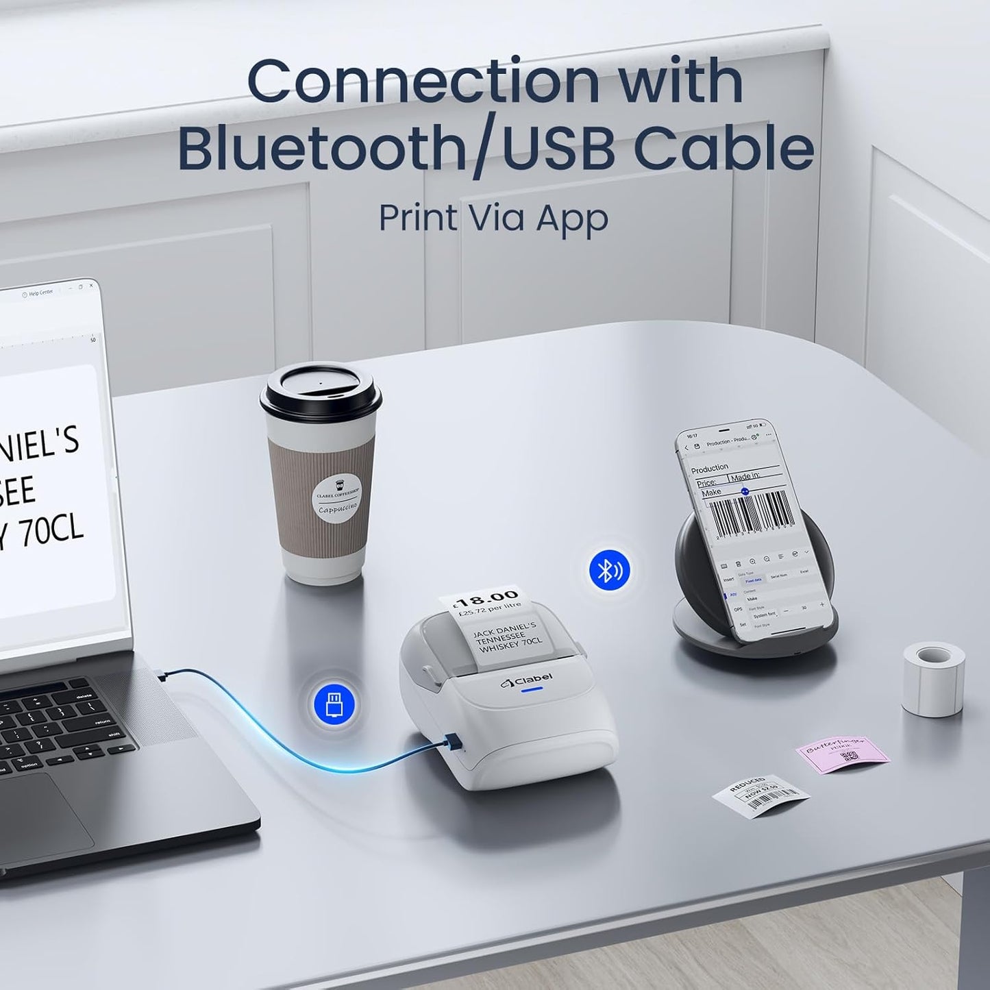 CLABEL Thermal Label Maker Machine: 221B Bluetooth Label Printer Mini Sticker Barcode Printer Inkless Label Maker Compatible with Clothing Price Labeling with 1 Roll of 50x30mm Label(Gray White)