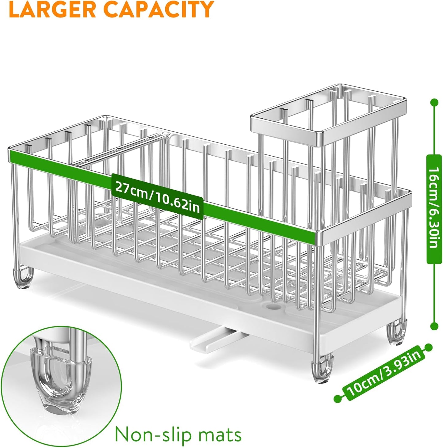 Cisily Extra Large Silver Sponge Holder for Kitchen Sink, Sink Caddy Organizer with High Brush Holder, Kitchen Countertop Organizers and Storage Essentials, Rustproof 304 Stainless Steel