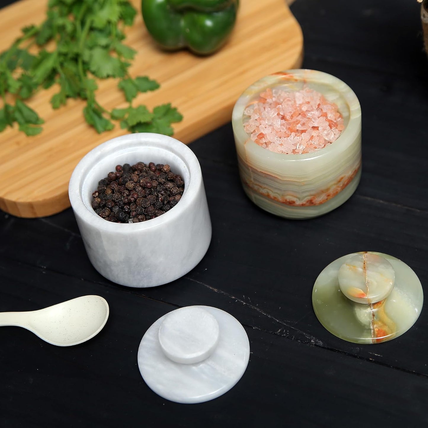 Marble Salt Cellar With Lid- Pack Of 2 Marble Salt And Pepper Bowls- Salt Holder With Lid To Put Salt, Paprika, Pepper, And Spice (Onyx Green & White, Style 01)