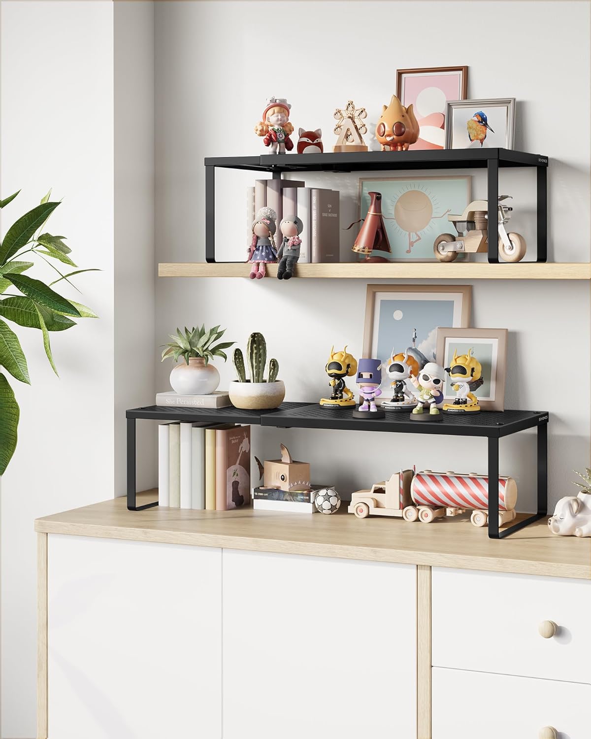 SONGMICS Expandable Pantry Kitchen Organizers, Adjustable Spice Rack, Stackable Cabinet Organizers, Metal, Space-Saving Tabletop Shelves, Matte Black UKCS007B01