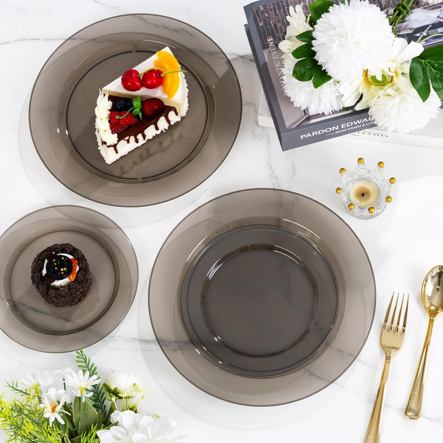 I00000 200 Pcs Clear Black Plastic Plates, Black Disposable Party Plates Include 100 Dinner Plate 10’’ and 100 Dessert Plate 7’’ Perfect for Birthday, Party & Wedding