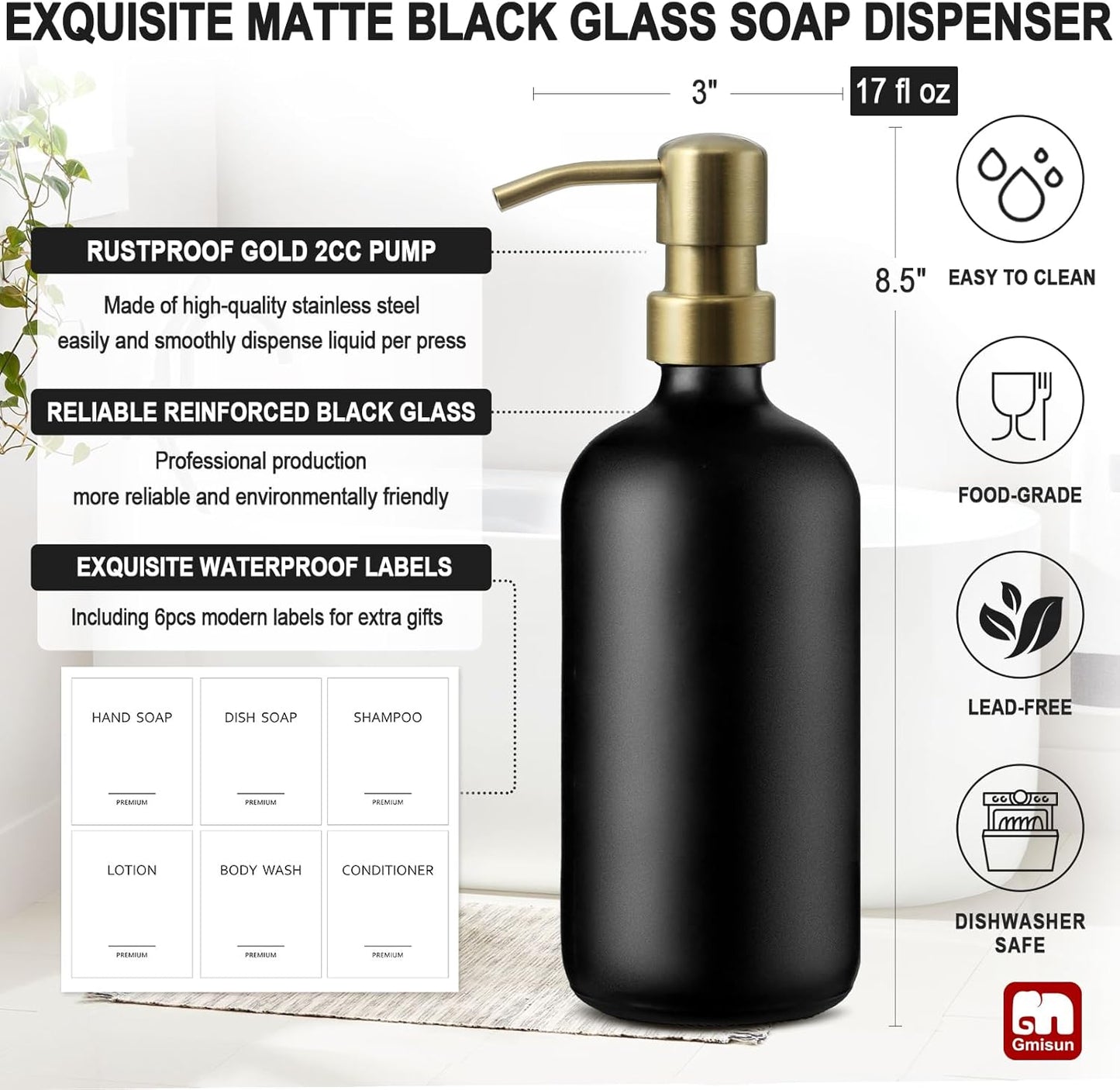 GMISUN Gold Soap Dispenser, 2 Pack Matte Black Glass Bathroom Hand Soap Dispenser with Rustproof Golden Pump, 17 Fl Oz Kitchen Hand and Dish Soap Dispensers Set, Modern Liquid Soap Lotion Bottle