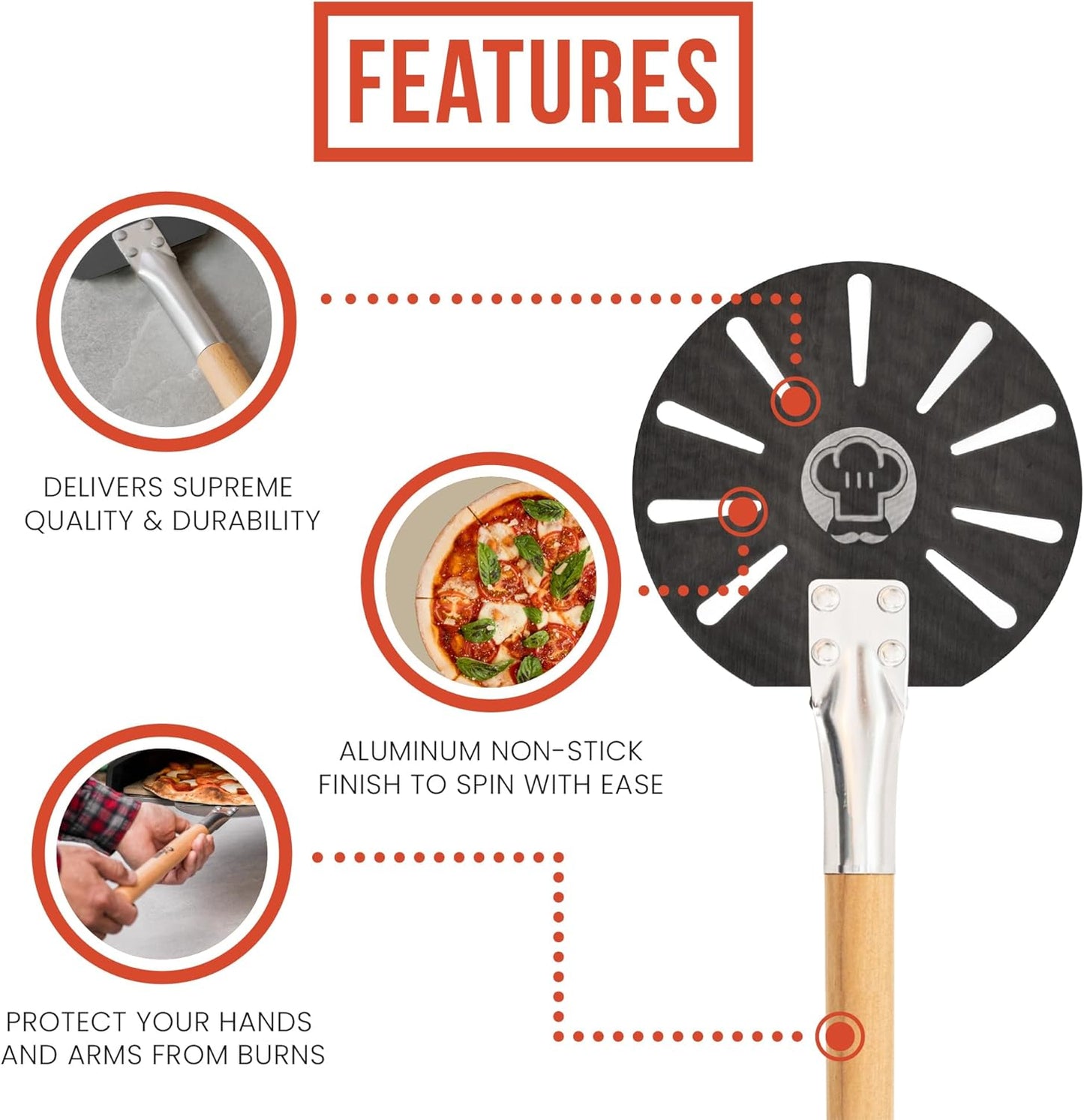 Chef Pomodoro Pizza Turning Peel Aluminium with Wood Handle for Easy Storage, Perforated Pizza Peel Turner, Gourmet Luxury Pizza Paddle for Baking Homemade Pizza Bread, Pizza Turner (7-Inch)