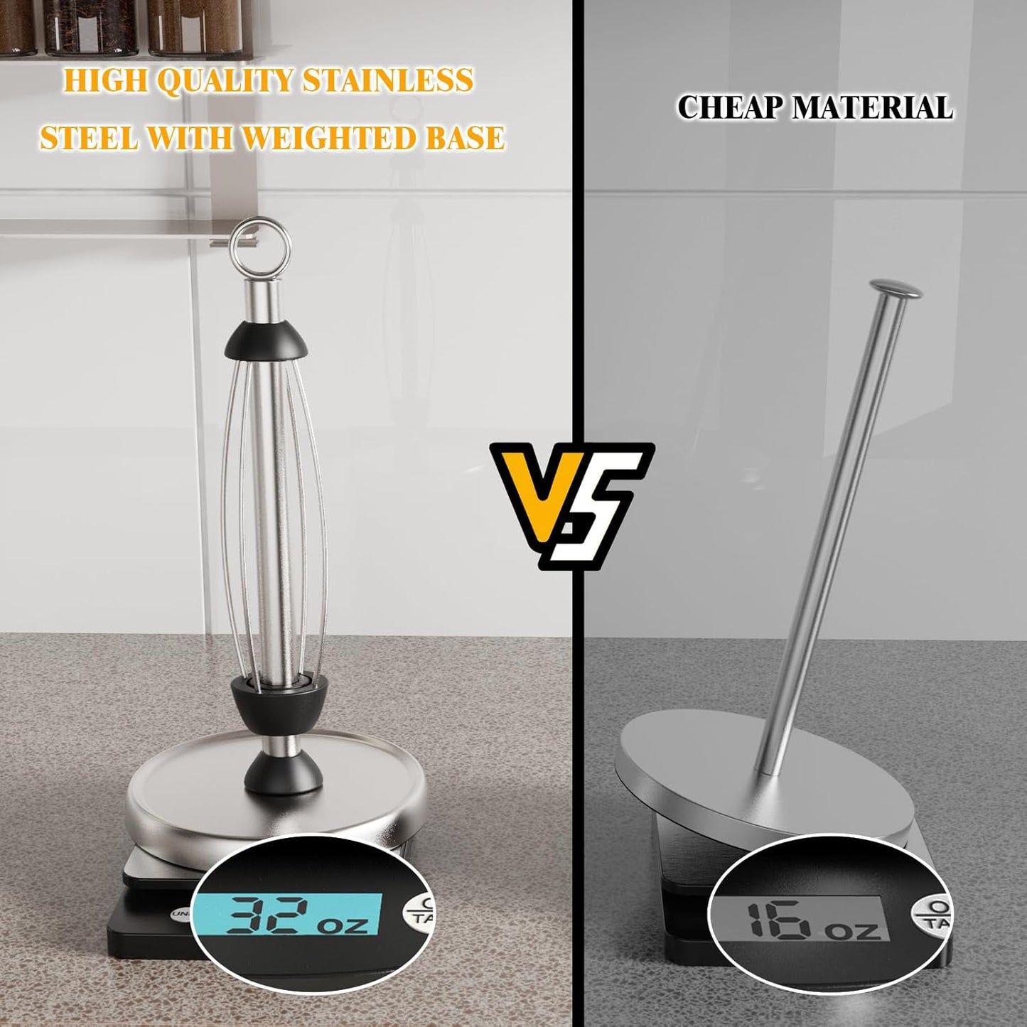 HZE Paper Towel Holder Countertop, One-Handed Tear, Stainless Steel, Weighted Base, Silver, Ring Paper Towel Holder Stand with Ratchet System for Kitchen Farmhouse Essentials Decor Accessories