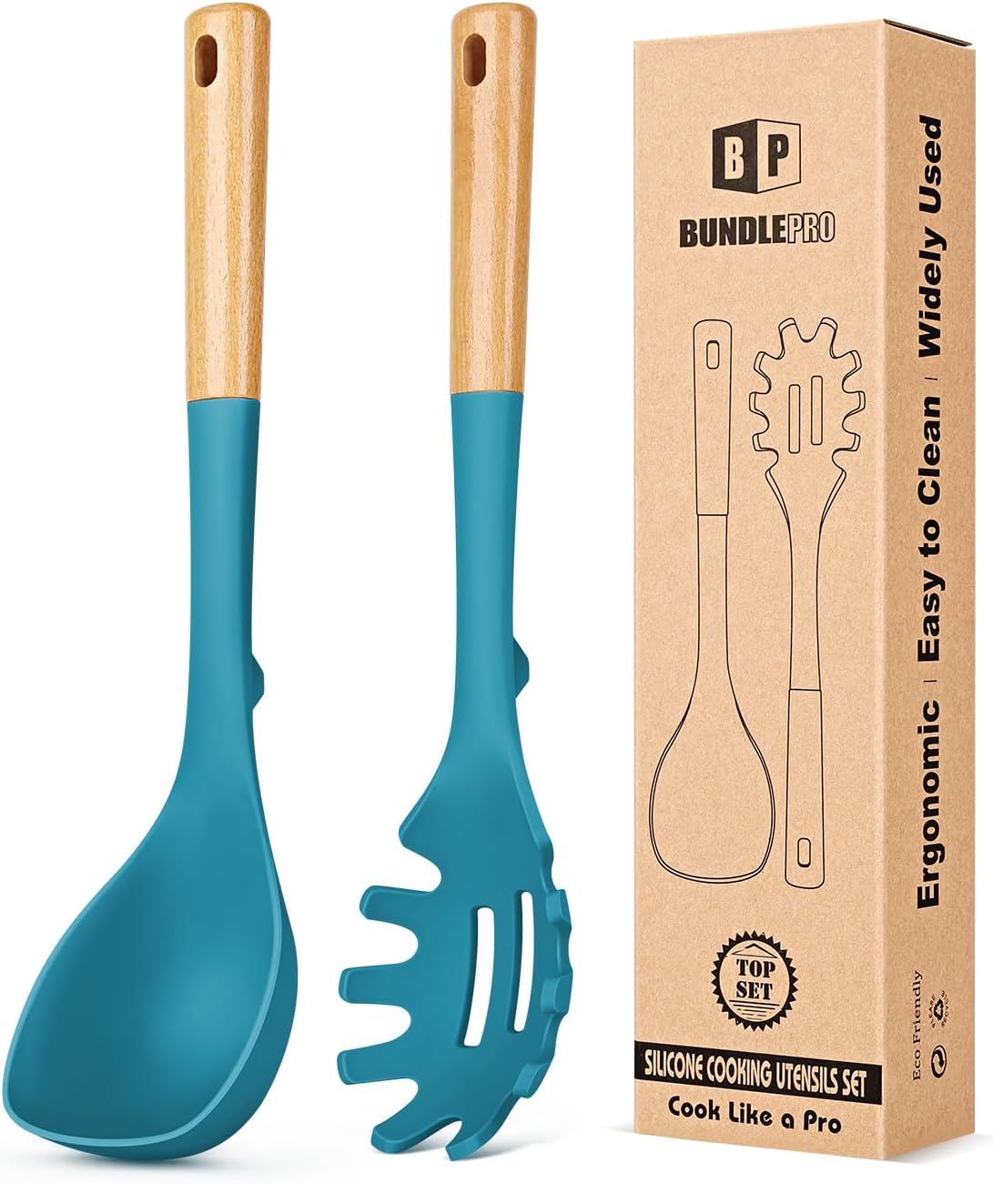 Silicone Soup Ladle and Spaghetti Spoon Set with Wooden Handle, Non Stick Heat Resistant Kitchen Utensils for Cooking, Stirring, Serving Pasta, Soup & Sauce(BLUE)