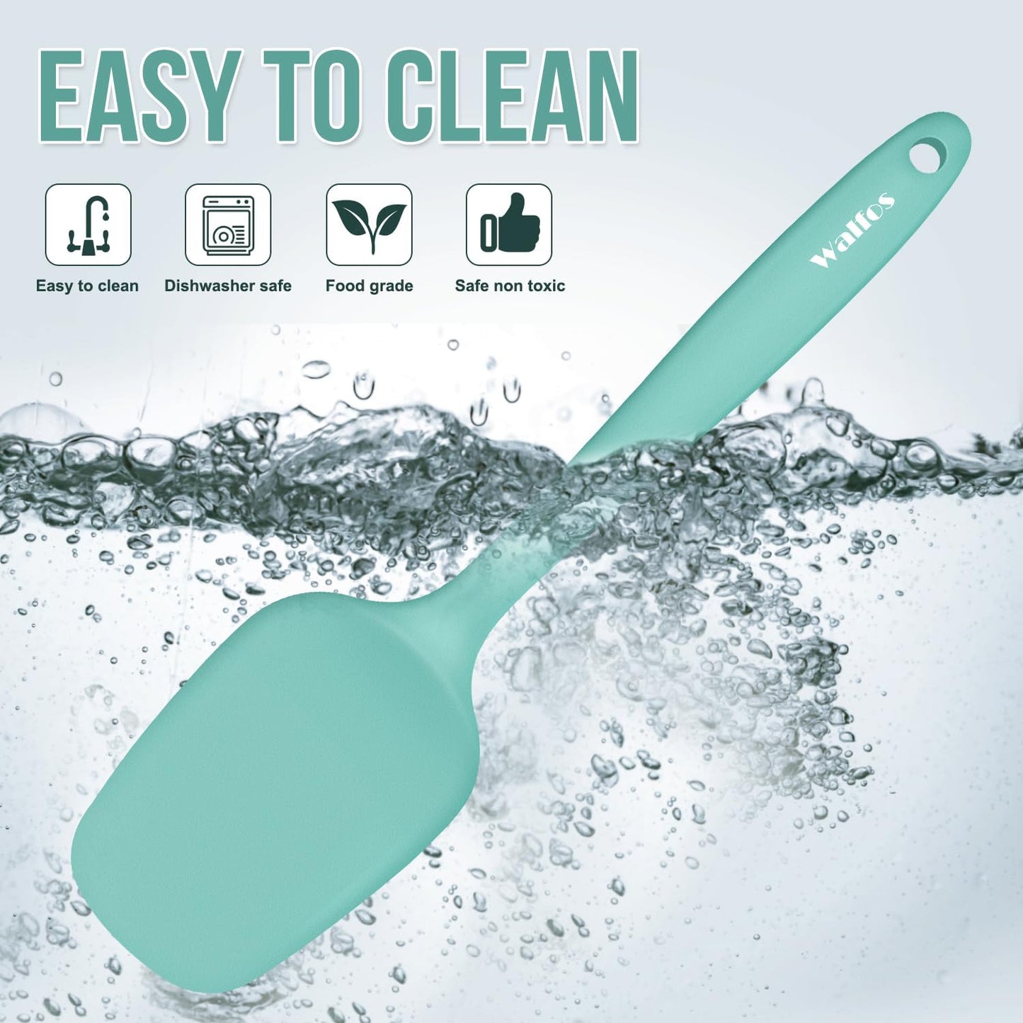 Walfos Silicone Spatula - 600°F High Heat Resistant Kitchen Spoon Spatulas（set of 5), Strong Steel Core and One-Pieces Design, For Cooking Mixing & Baking - BPA Free and Dishwasher Safe (Teal/Aqua)