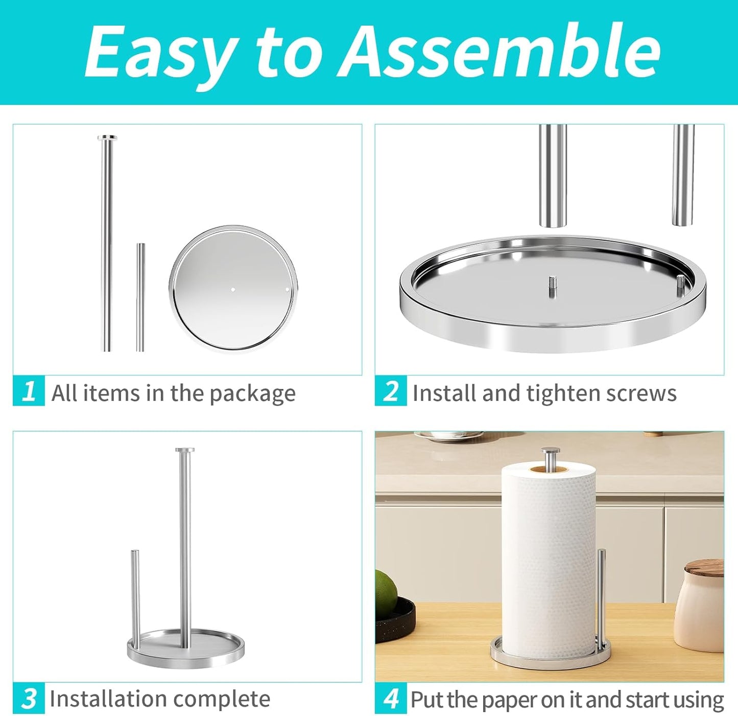 Paper Towel Holder Countertop, Standing Paper Roll Holder with Anti Slip Weighted Base, Stainless Steel Freestanding Paper Towel Holder for Kitchen, Chrome