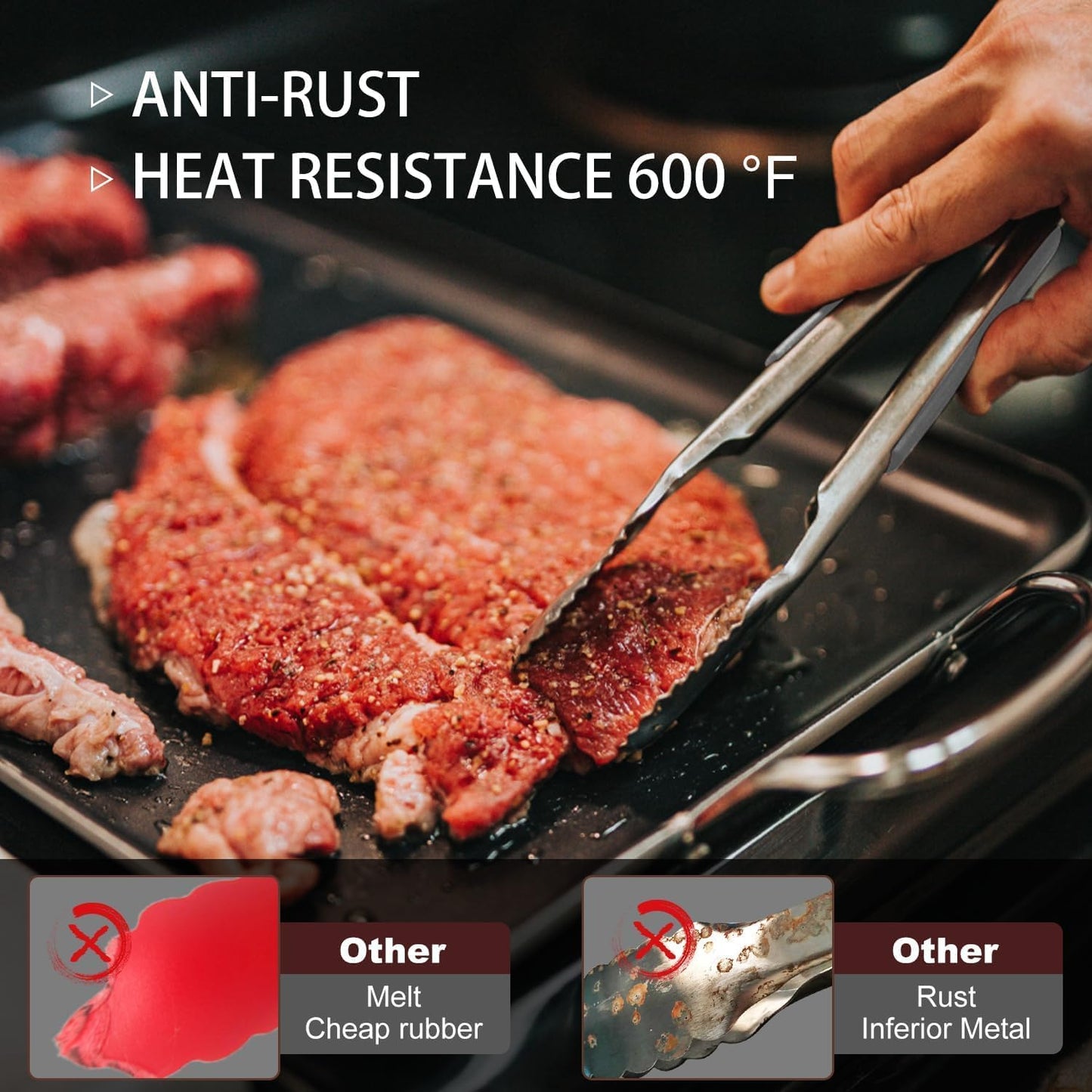 Tongs For Cooking - Heat Resistant 600 Degrees Metal Kitchen Tongs, Heavy Duty Stainless Steel Tongs - Perfect for Food, BBQ Set of 4, 7-9-12 &14 inch Grey